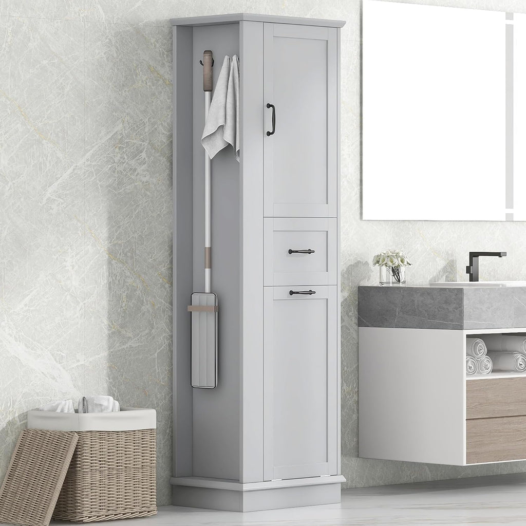Tall Bathroom Storage Cabinet with Tilt-Out Compartment, Modern Bathroom Accent Storage Cabinet with Adjustable Shelves, Soft-Close Hinges, for Home Kitchen, Living Room (Gray Style5)
