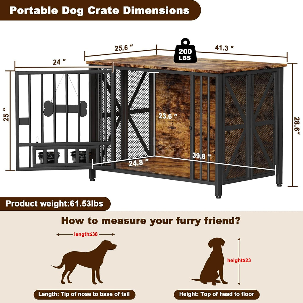 Easycom Foldable Large Dog Crate Furniture, 41.3' Assembly-Free Dog Crates for Large Dogs, Wooden Dog Kennel Indoor with Tag & Dog Bowls, Dog Cage Use as TV Stand, Rustic Brown