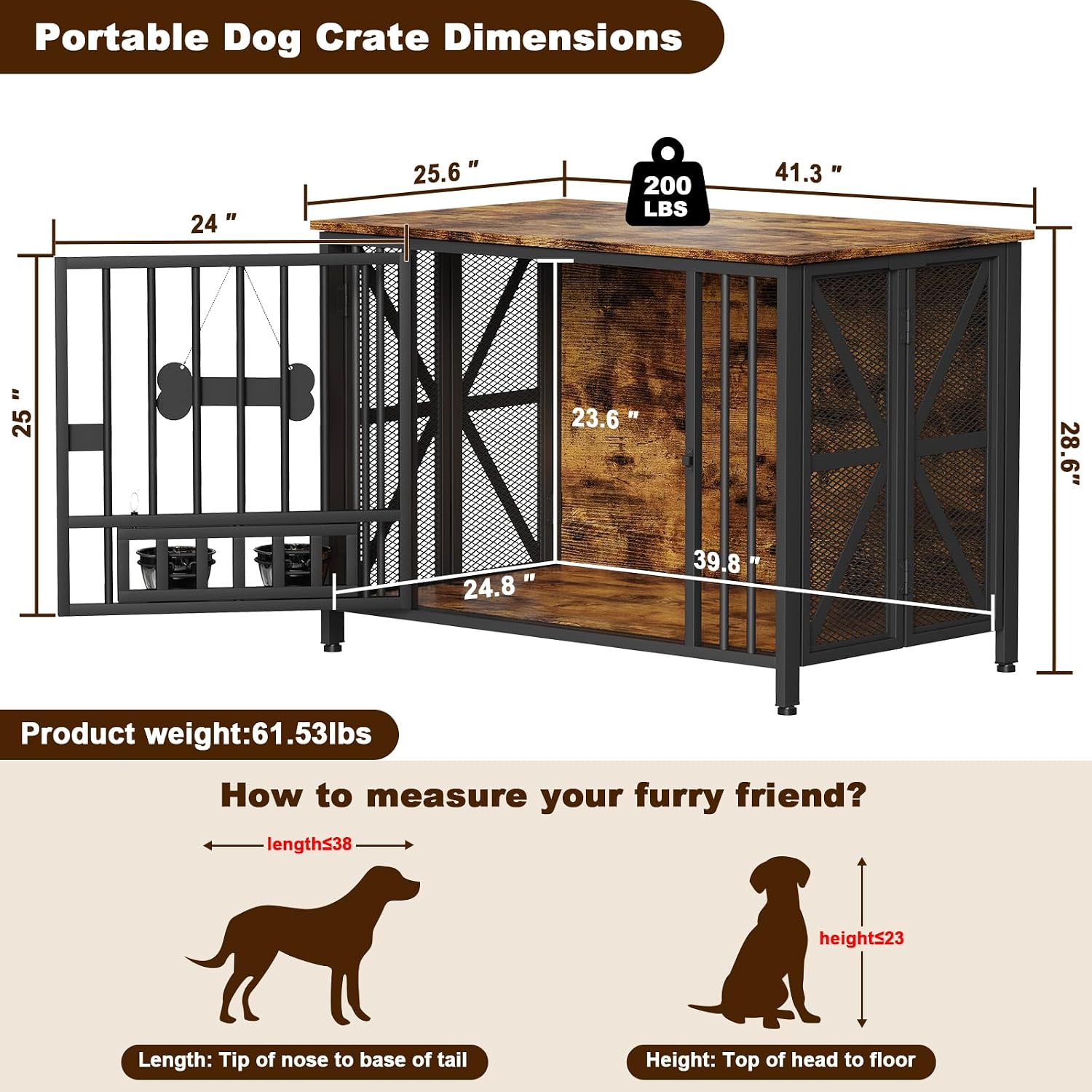 Easycom Foldable Large Dog Crate Furniture, 41.3' Assembly-Free Dog Crates for Large Dogs, Wooden Dog Kennel Indoor with Tag & Dog Bowls, Dog Cage Use as TV Stand, Rustic Brown