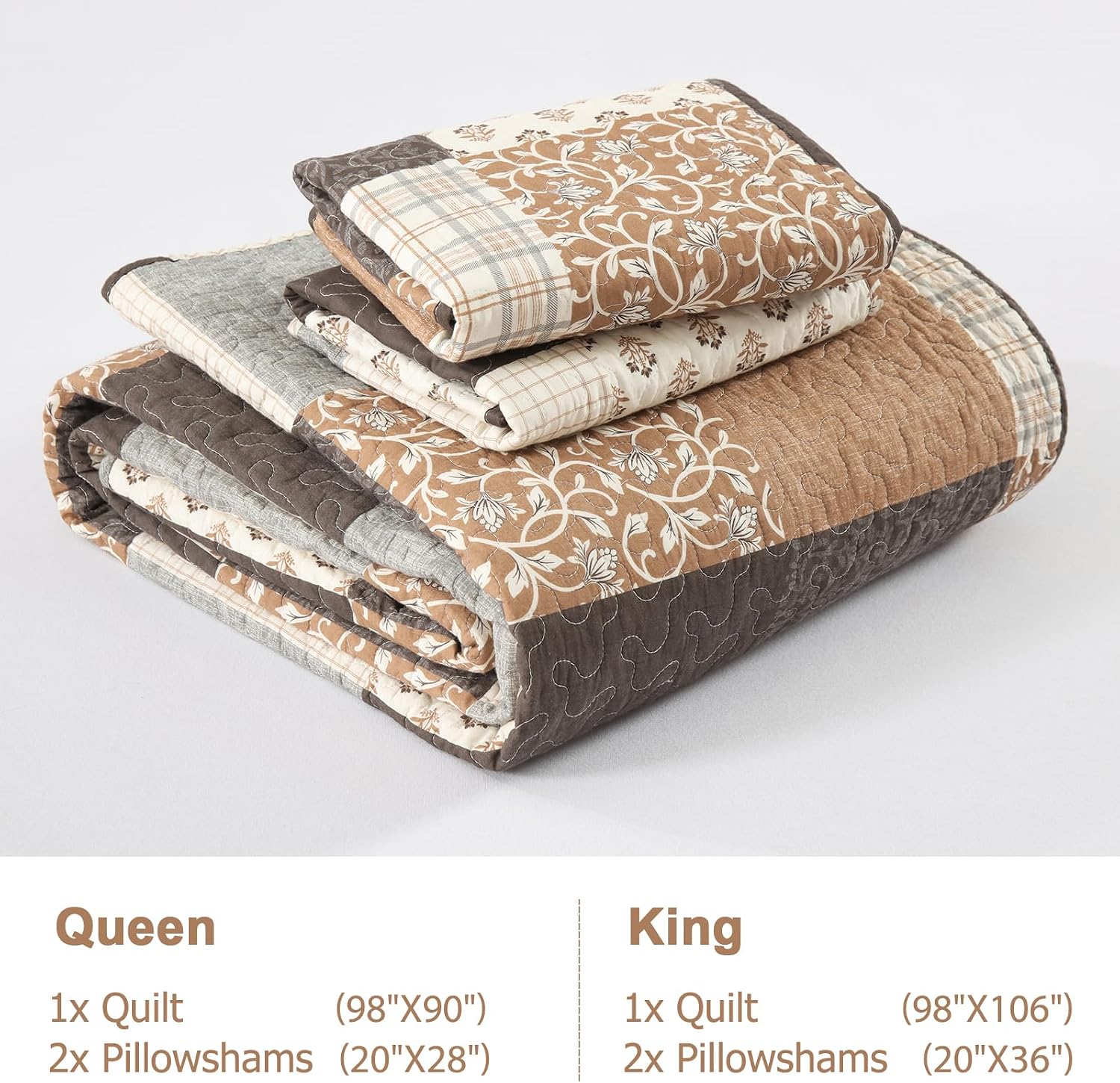 Finlonte 100% Cotton Queen Quilt Set, Farmhouse Plaid Queen Quilted Bedspread, Brown Grey Beige Lightweight Comforter Bedding Set for All Season, 3-Piece