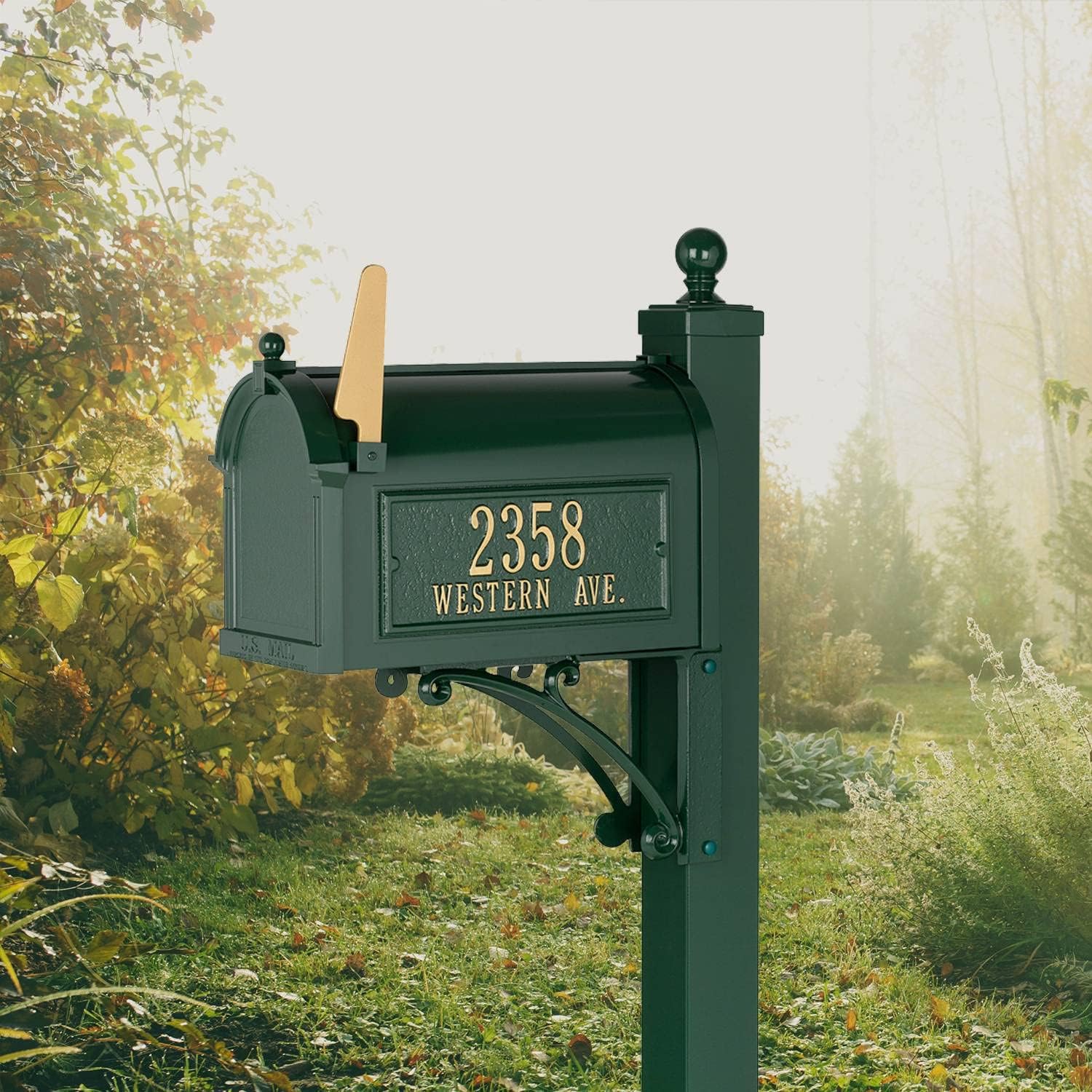 Whitehall Custom Extra Large Mailbox - Capitol Model with Address Plaque and Side Mount Post Package, Sand Cast Aluminum, Green Personalized in Goldtone