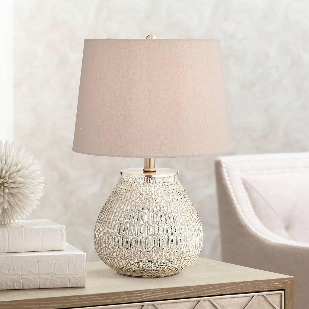 360 Lighting Zax Country Cottage Small Accent Table Lamp 19 1/2' High Teardrop Silver Mercury Glass Gray Fabric Drum Shade Decor for Bedroom House Bedside Nightstand Home Office Reading