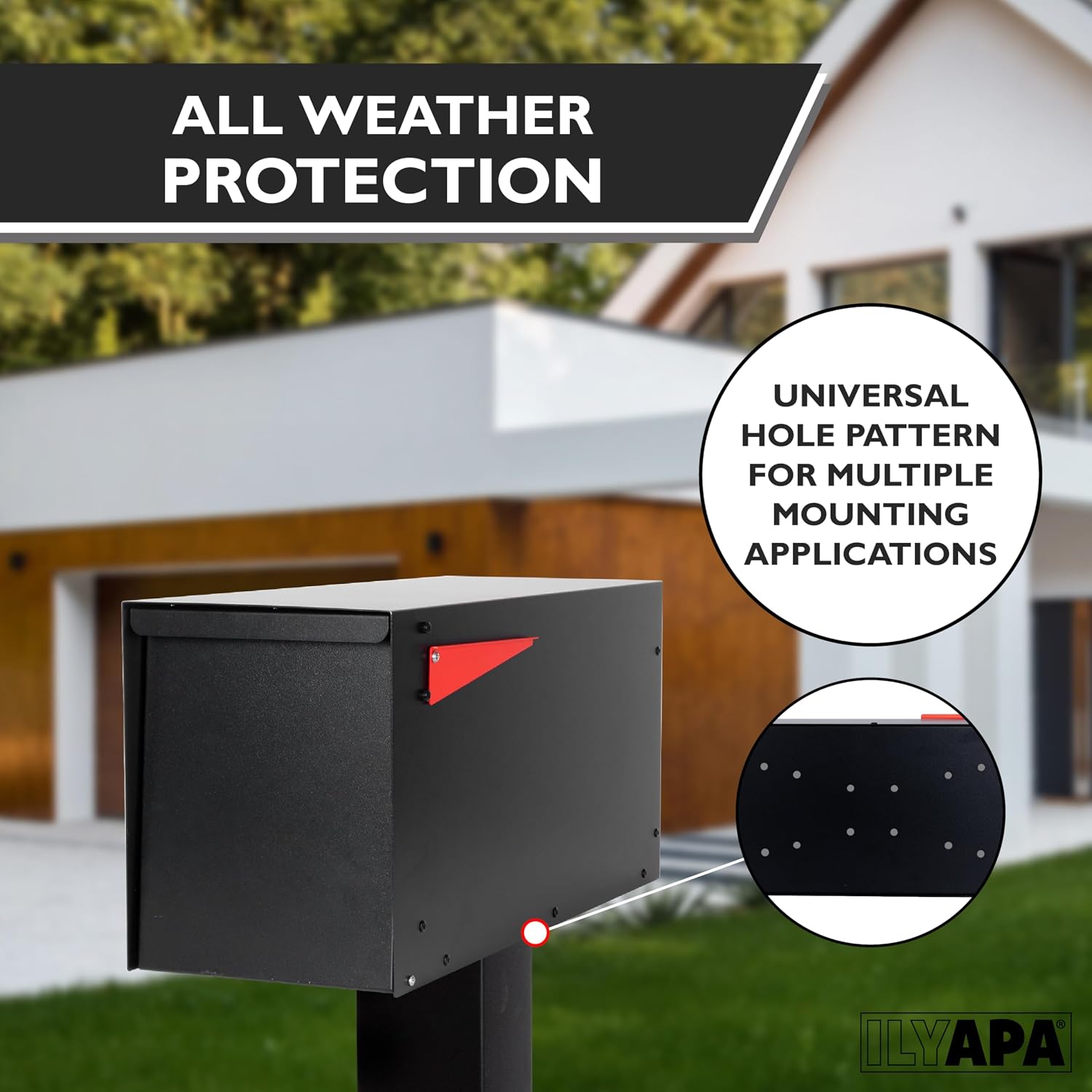 Ilyapa Locking Mailbox with Lock and Key Modern Mailboxes for Outside Post Mount - Black Powder Coated Steel, All Weather & Corrosion Resistant, Stainless Steel, Modern