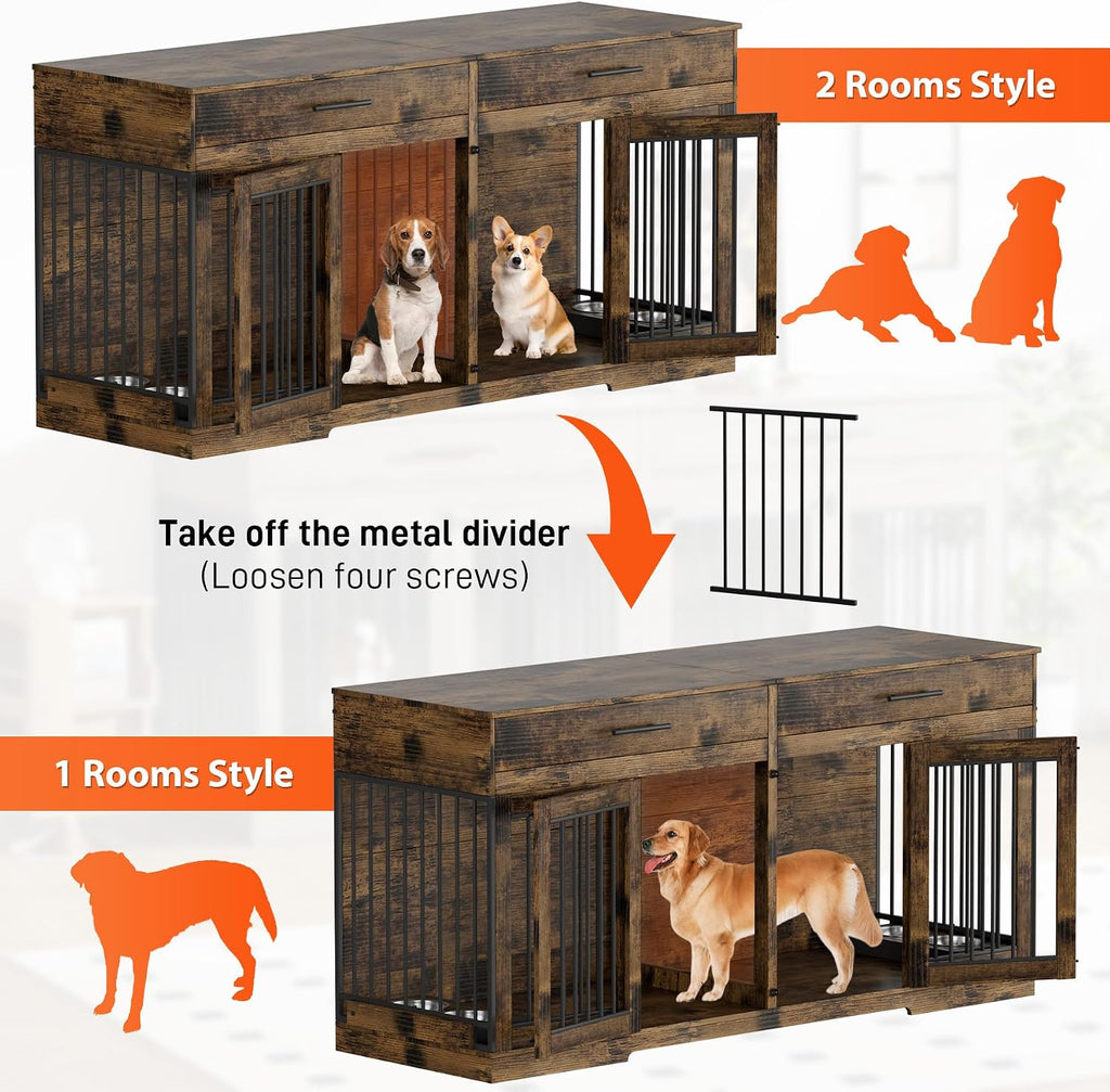 Rophefx 72' Dog Crate Furniture for 2 Dogs, Large Dog Kennel Furniture with 2 Storage Drawer and 4 Bowls, Wooden Dog Cage with Removable Divider, Indoor Dog House TV Stand for Medium Dog, Rustic Brown