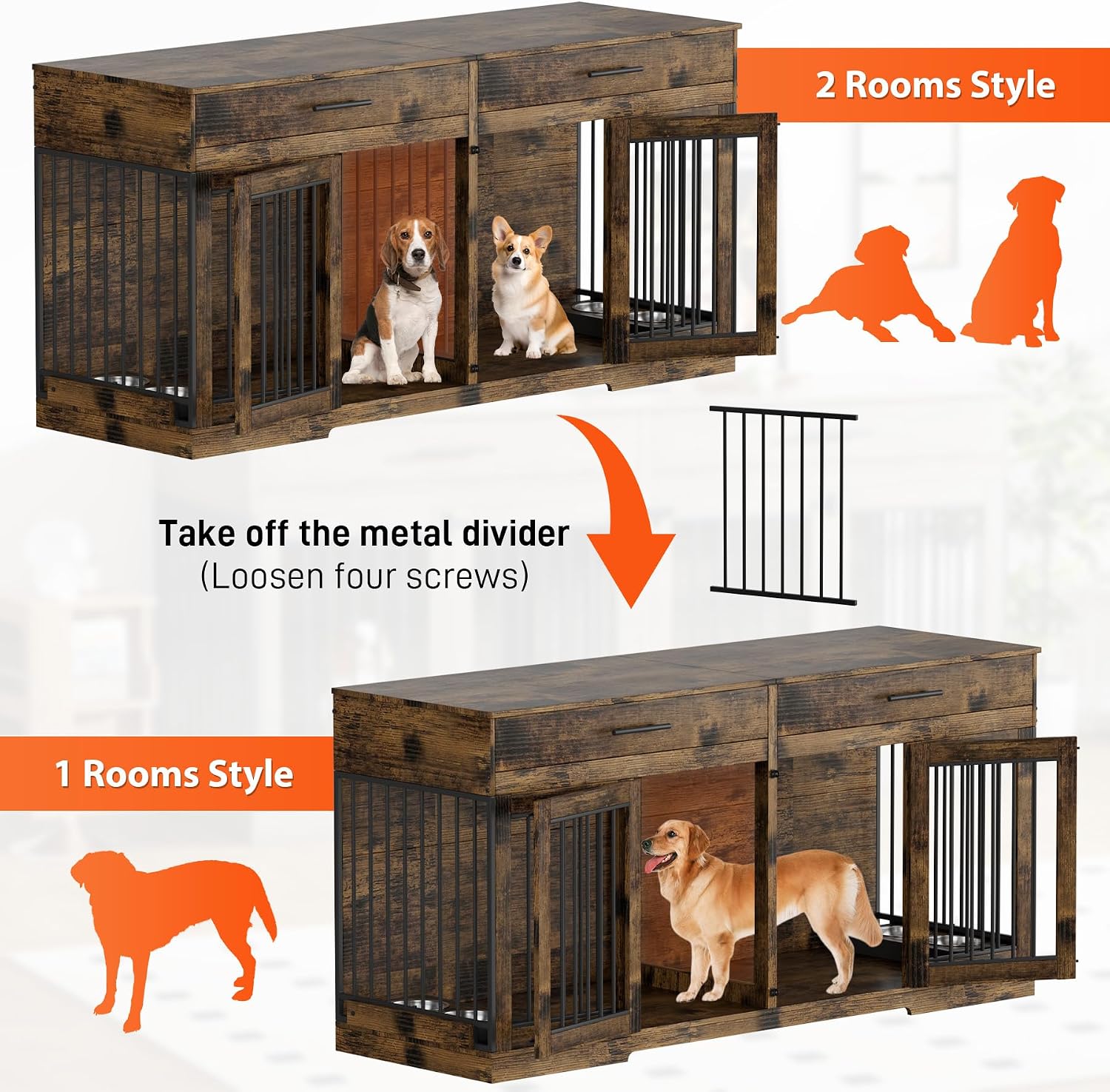 Rophefx 72' Dog Crate Furniture for 2 Dogs, Large Dog Kennel Furniture with 2 Storage Drawer and 4 Bowls, Wooden Dog Cage with Removable Divider, Indoor Dog House TV Stand for Medium Dog, Rustic Brown