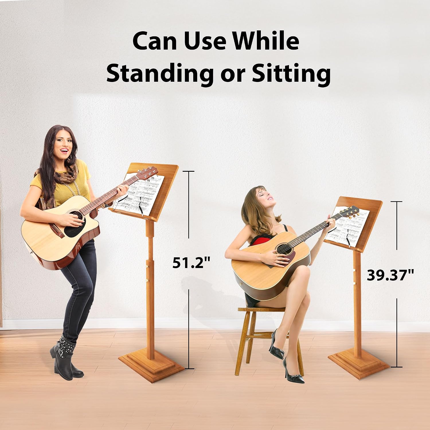 Music Stand for Sheet Music - Bamboo Folding Sheet Music Stands With Tray Guitar Clip, Wooden Sheet Music Organizer Height Adjustable 39.37''-51.2'' for Conductor Lectern Violin Piano Ukulele Players (Natural, Tray + Guitar Clip)