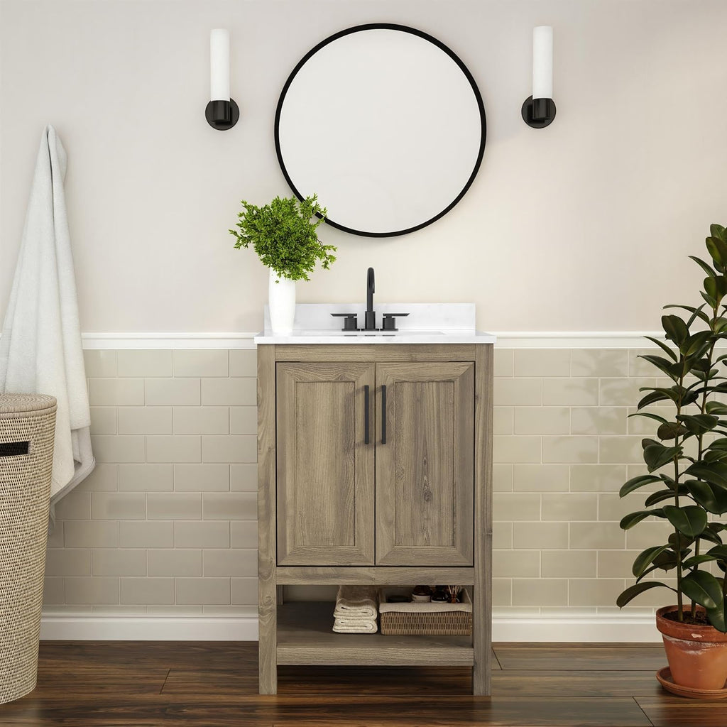 Flash Furniture Vega 24 Inch Bathroom Vanity with Sink Combo, Storage Cabinet with Soft Close Doors and Open Shelf, Carrara Marble Finish Countertop, Brown/White