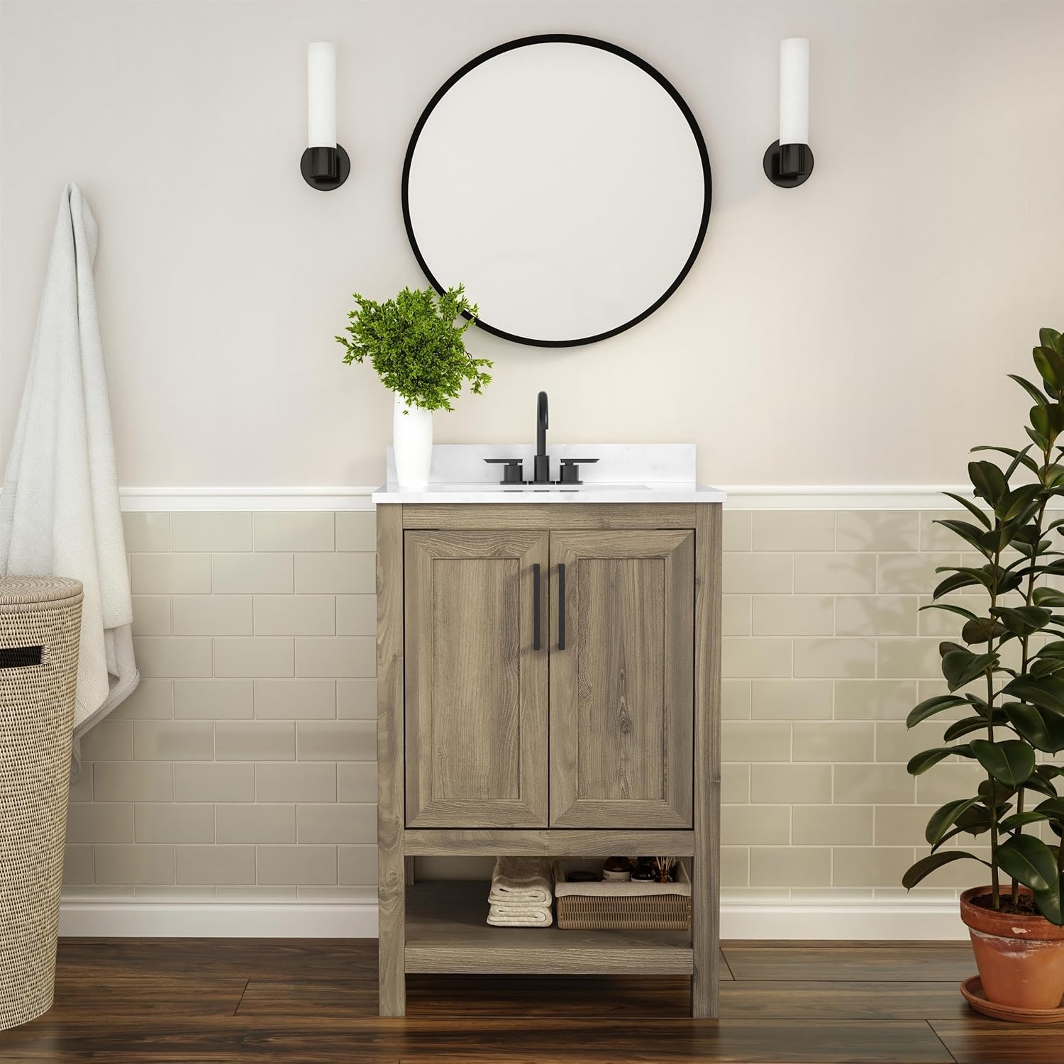 Flash Furniture Vega 24 Inch Bathroom Vanity with Sink Combo, Storage Cabinet with Soft Close Doors and Open Shelf, Carrara Marble Finish Countertop, Brown/White