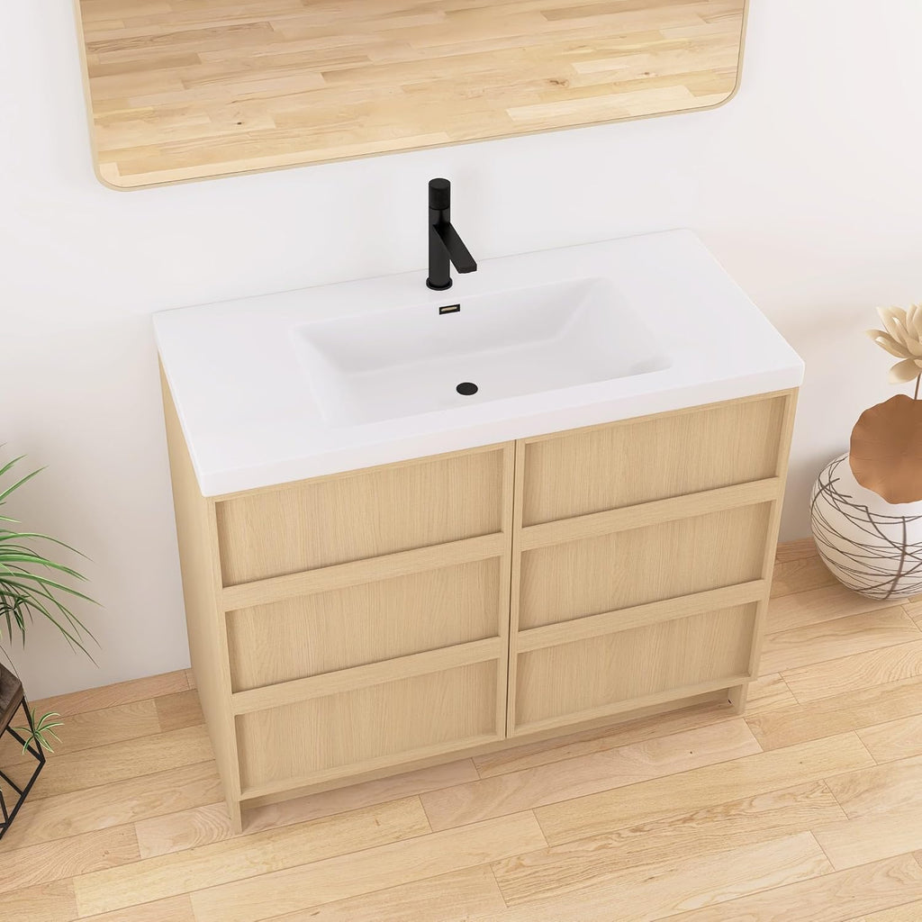 42 Inch Bathroom Vanity with Sink, 42' Freestanding Storage Cabinet Combo, 2 Soft Close Doors and Resin Basin, Modern Brown Floor Standing Vanity Set, Plywood Construction