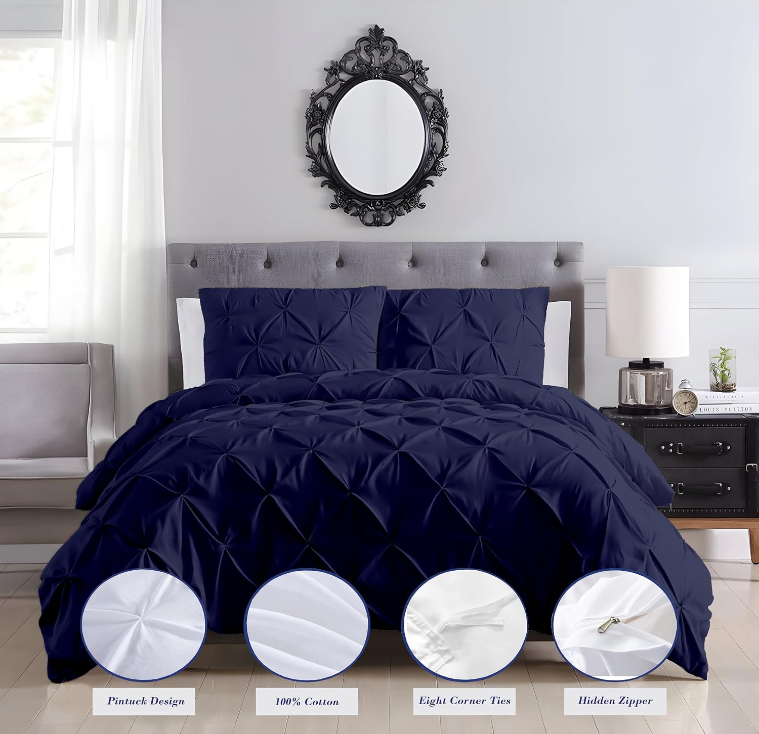 Pinch Duvet Cover Set Oversized Queen Size 1 Duvet Cover with 2 Pillow Shams 3-Pc Comforter Cover with Zipper Closure & Corner Tie 100% Egyptian Cotton Cover (98x98 Inch, Navy Blue)