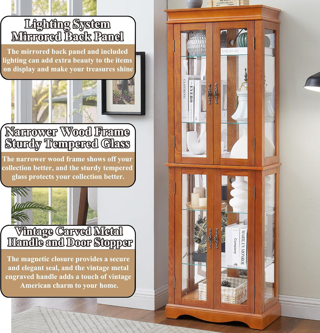 70' H Lighted Curio Cabinet Display Case, Glass Curio Cabinets with Adjustable Shelves and Tempered Glass Door, Wooden Cabinet w/Mirrored Back Pane for Living Room (Oak)