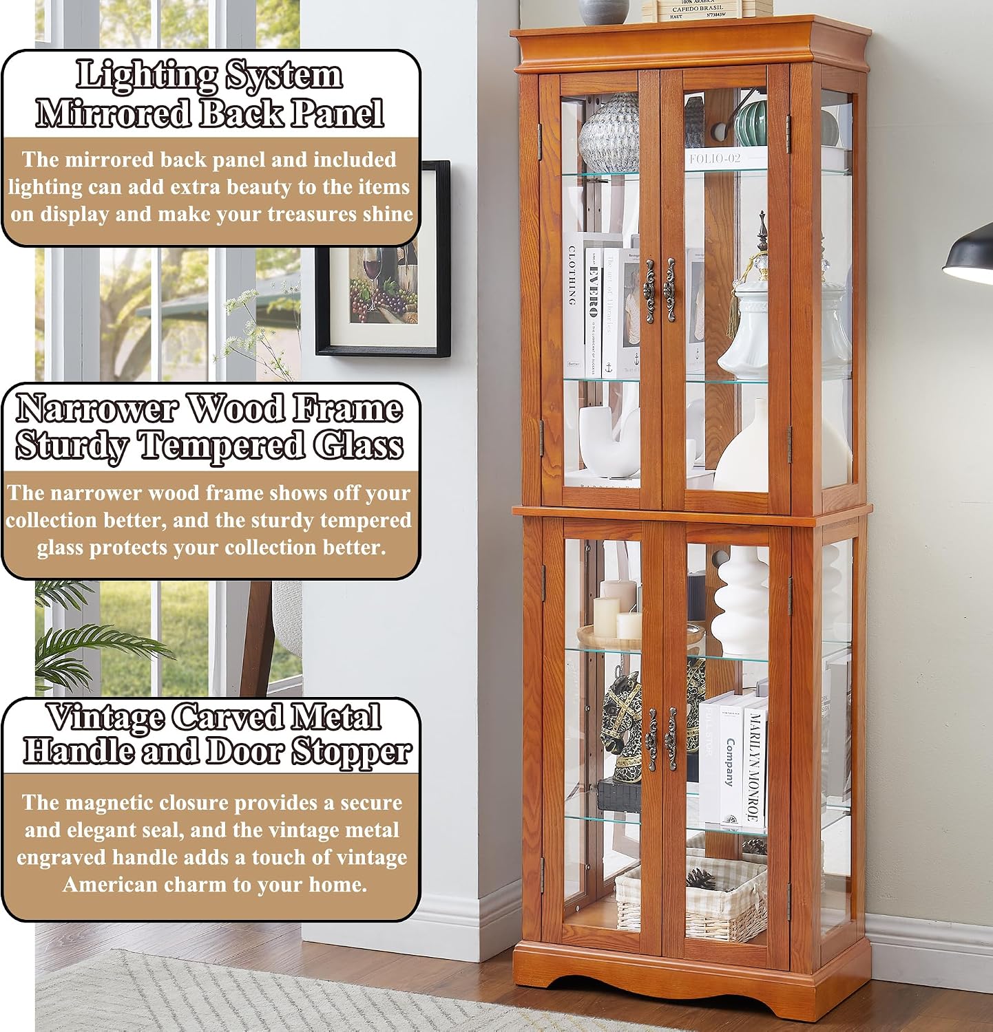 70' H Lighted Curio Cabinet Display Case, Glass Curio Cabinets with Adjustable Shelves and Tempered Glass Door, Wooden Cabinet w/Mirrored Back Pane for Living Room (Oak)