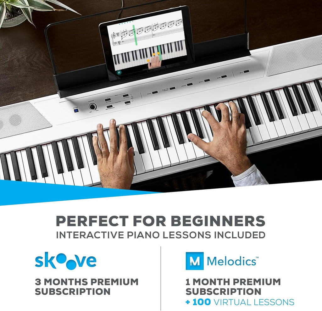 Alesis Recital White - 88 Key Digital Piano Keyboard with Semi-Weighted Keys, 2x20W Speakers, 5 Voices, Split, Layer and Lesson Mode, FX and Piano Lessons