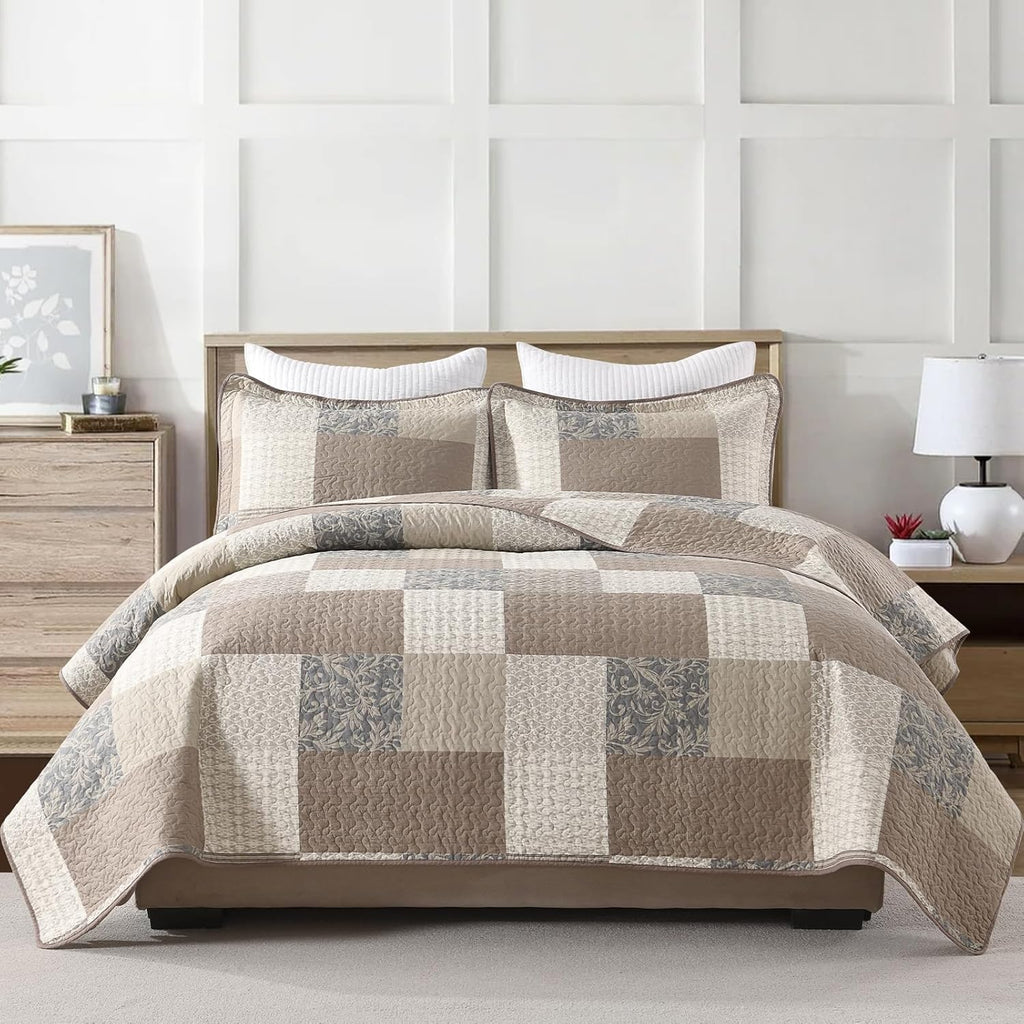 Finlonte 100% Cotton Quilt Set, Plaid Reversible Lightweight Quilted Bedspreads, 3-Piece, Gray/Brown/Beige, Queen Size
