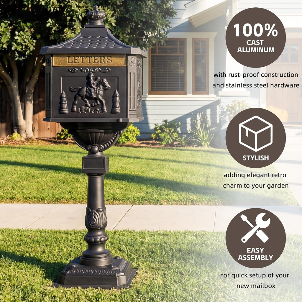Cast Aluminum Locking Mailbox, Heavy Duty Security Postal Box, Retro Mid-Century Outdoor Mailbox with Key Lock, Weatherproof Anti-Theft Design, Easy Installation, Black