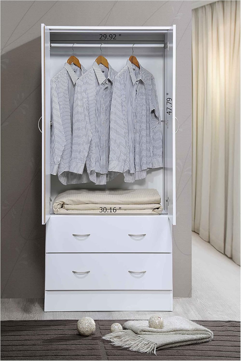 HODEDAH 2 Door Wood Wardrobe Bedroom Closet with Clothing Rod inside Cabinet, 2 Drawers for Storage and Mirror, White