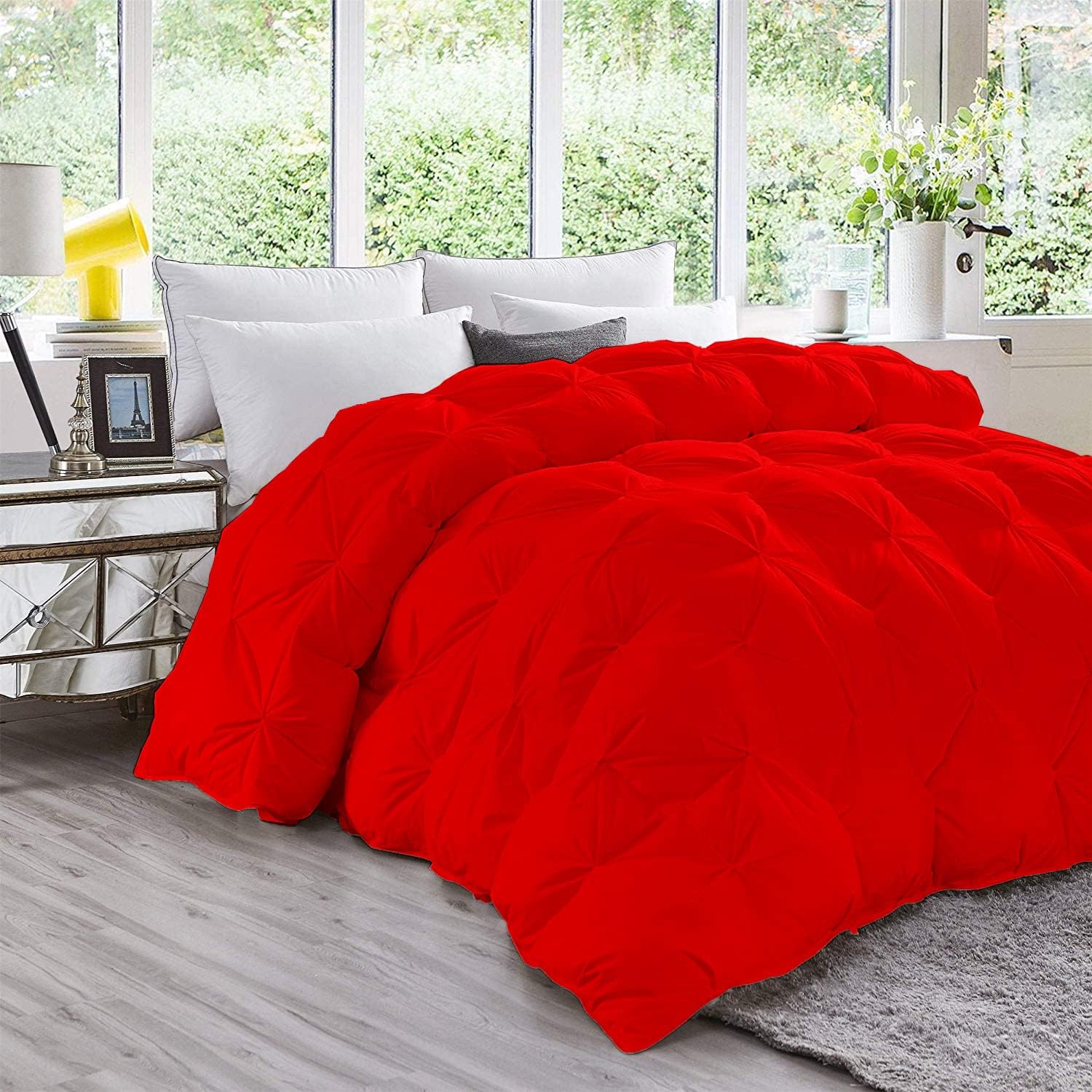 Red All Season Down Alternative Pintuck Comforter- Queen Size 90 x 90 Inches 1 pc Pinch Pleated Comforter 600 GSM & 4 - Corner Tabs 100% Egyptian Cotton- - Red Solid