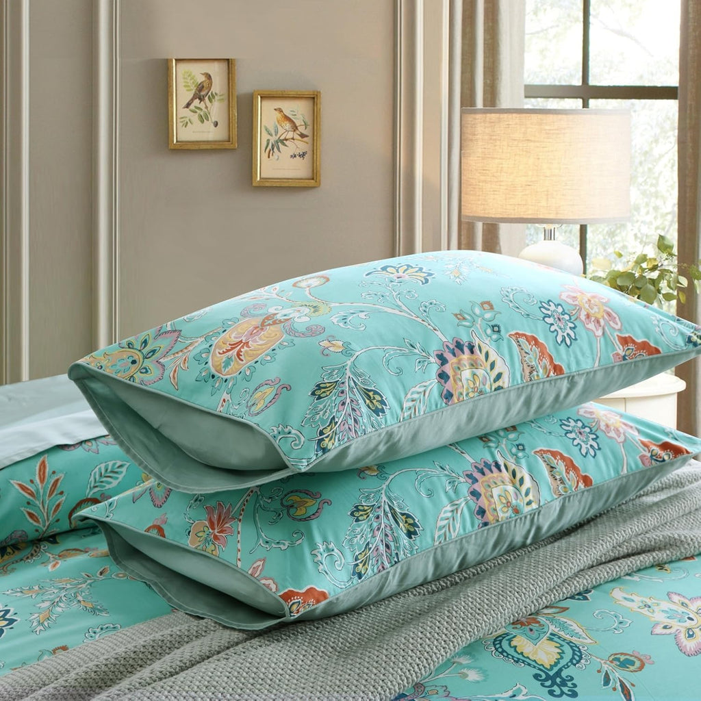 Brandream King Size Duvet Cover Set Teal (1 Duvet Cover + 2 Pillow Shams) Ultra Soft 100% Egyptian Cotton Printed Floral Boho Paisley Bedding Set