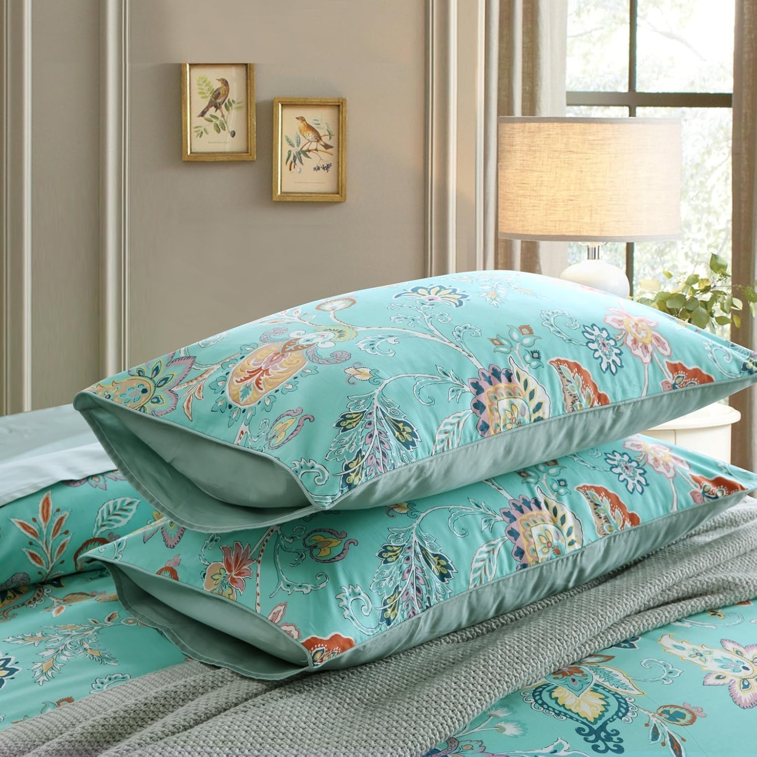 Brandream King Size Duvet Cover Set Teal (1 Duvet Cover + 2 Pillow Shams) Ultra Soft 100% Egyptian Cotton Printed Floral Boho Paisley Bedding Set
