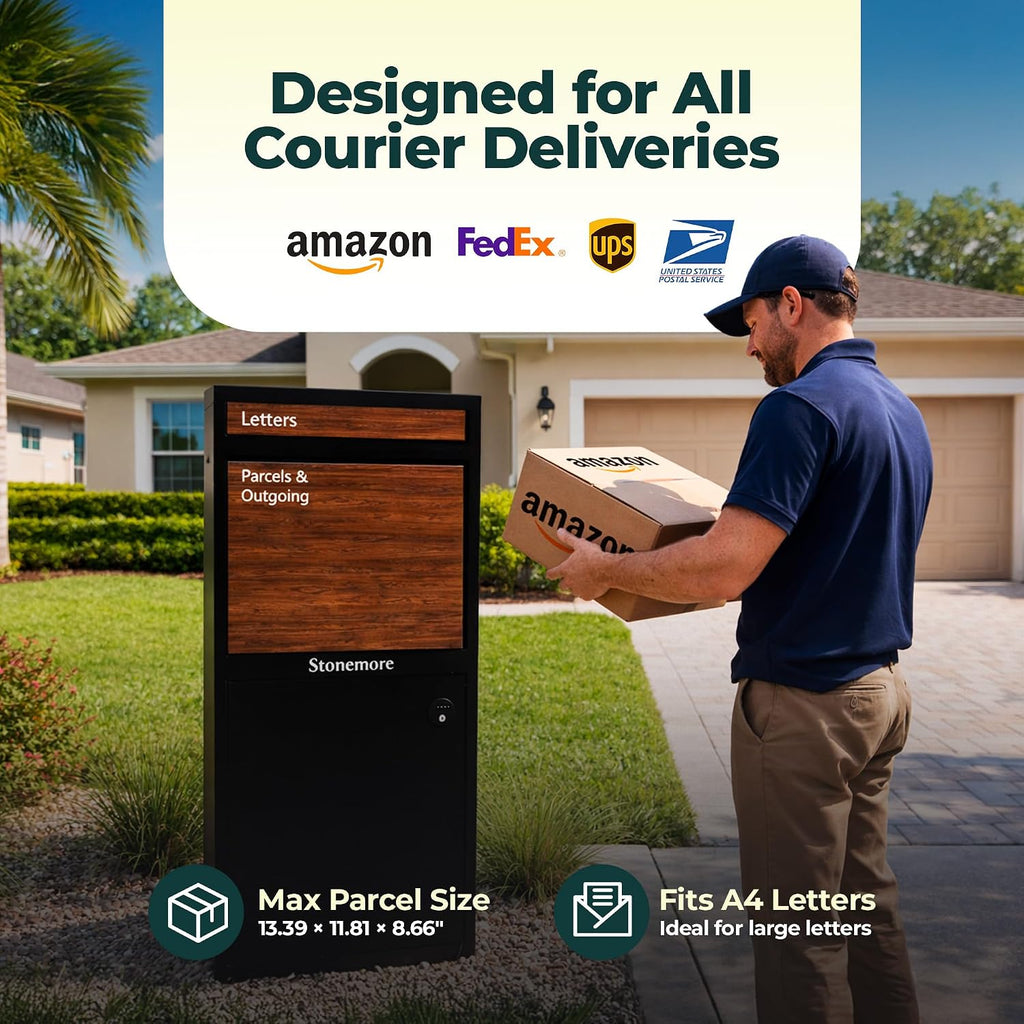 Hudson USPS Compatible Mailbox, Snow White/Oak Package Mailbox, Anti-Theft Locking Parcel Drop Box for Porch Or Curbside, Large Mailbox for Packages, Weather-Sealed Powder Coated Steel