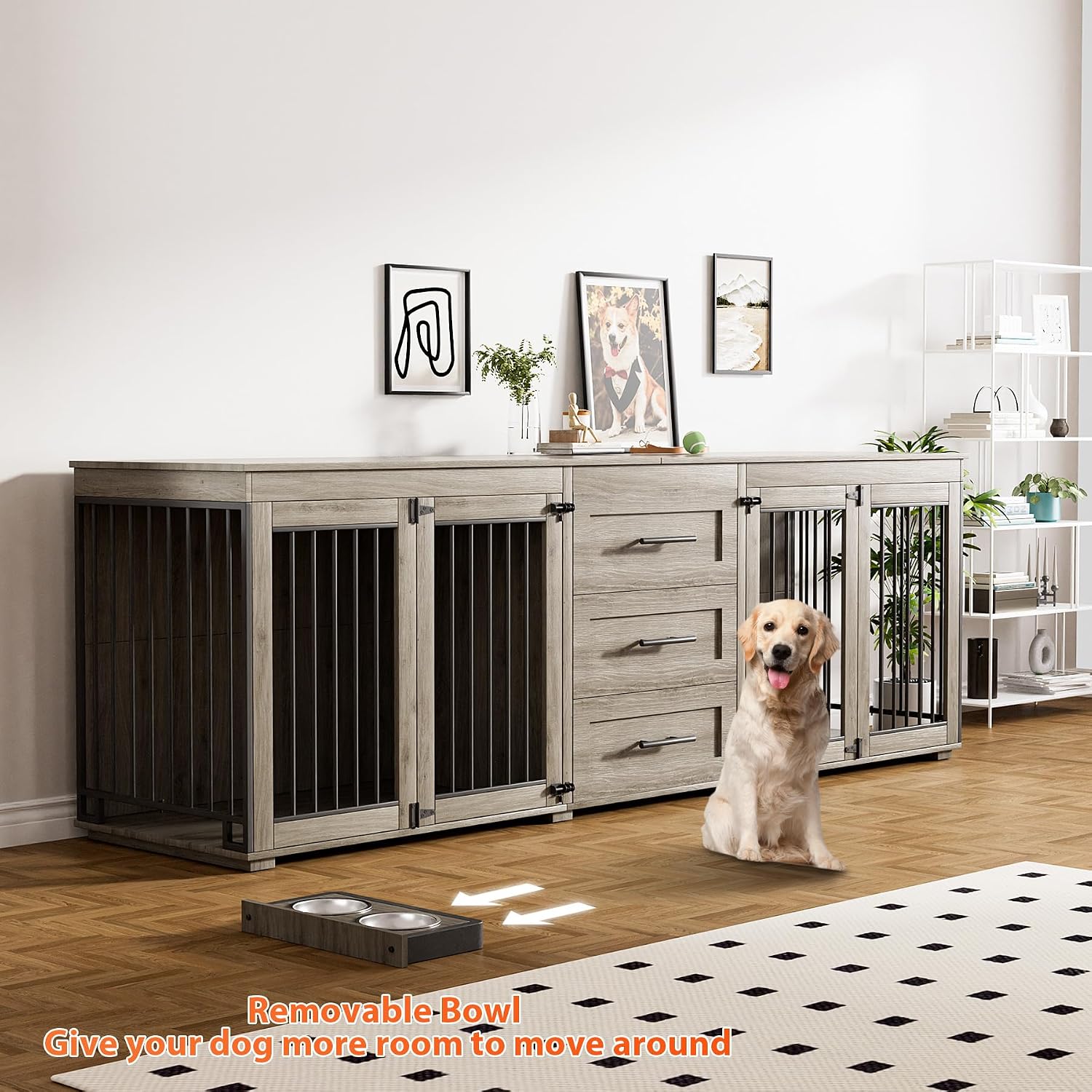 Rophefx 94.5' Dog Crate Furniture for 2 Dogs, Large Dog Kennel Furniture with 3 Storage Drawer, Wooden Dog Cage with 4 Bowls, Indoor Dog House TV Stand with Locks for Large Medium Dog, Grey