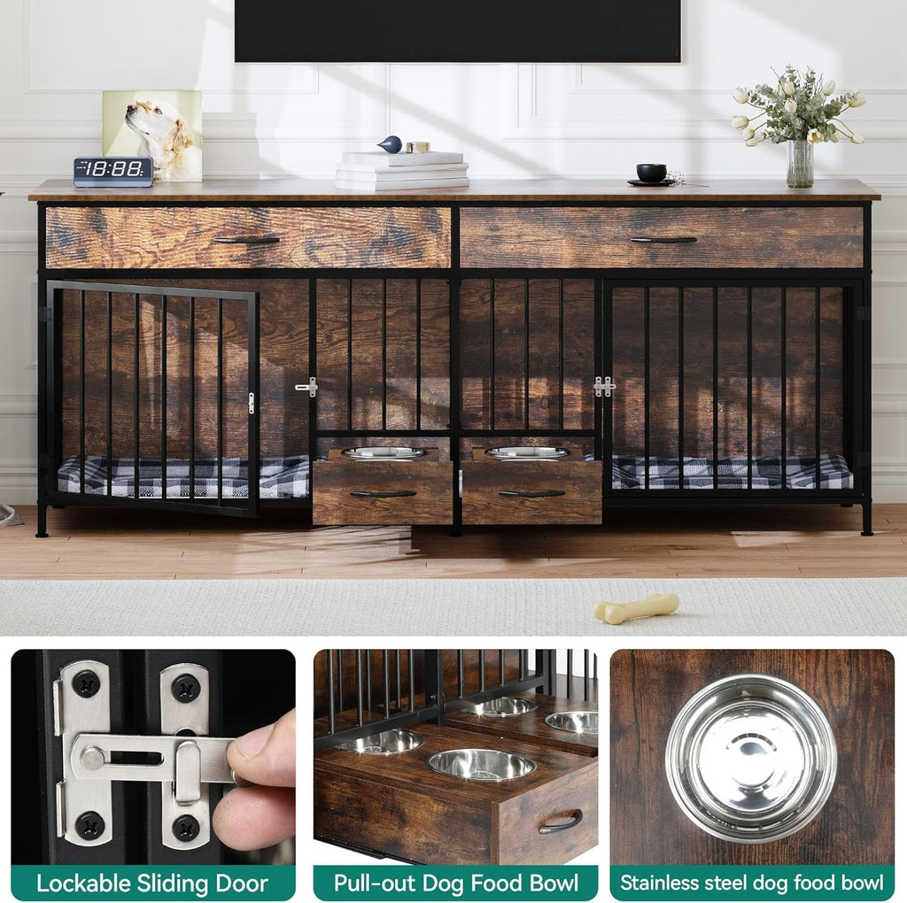 DWVO Double Dog Crate TV Stand with Dog Feeder, 74.8' Wooden Large Dog Kennel with Storage, Double Dog Crate Furniture for 2 Small Medium Dogs, Brown