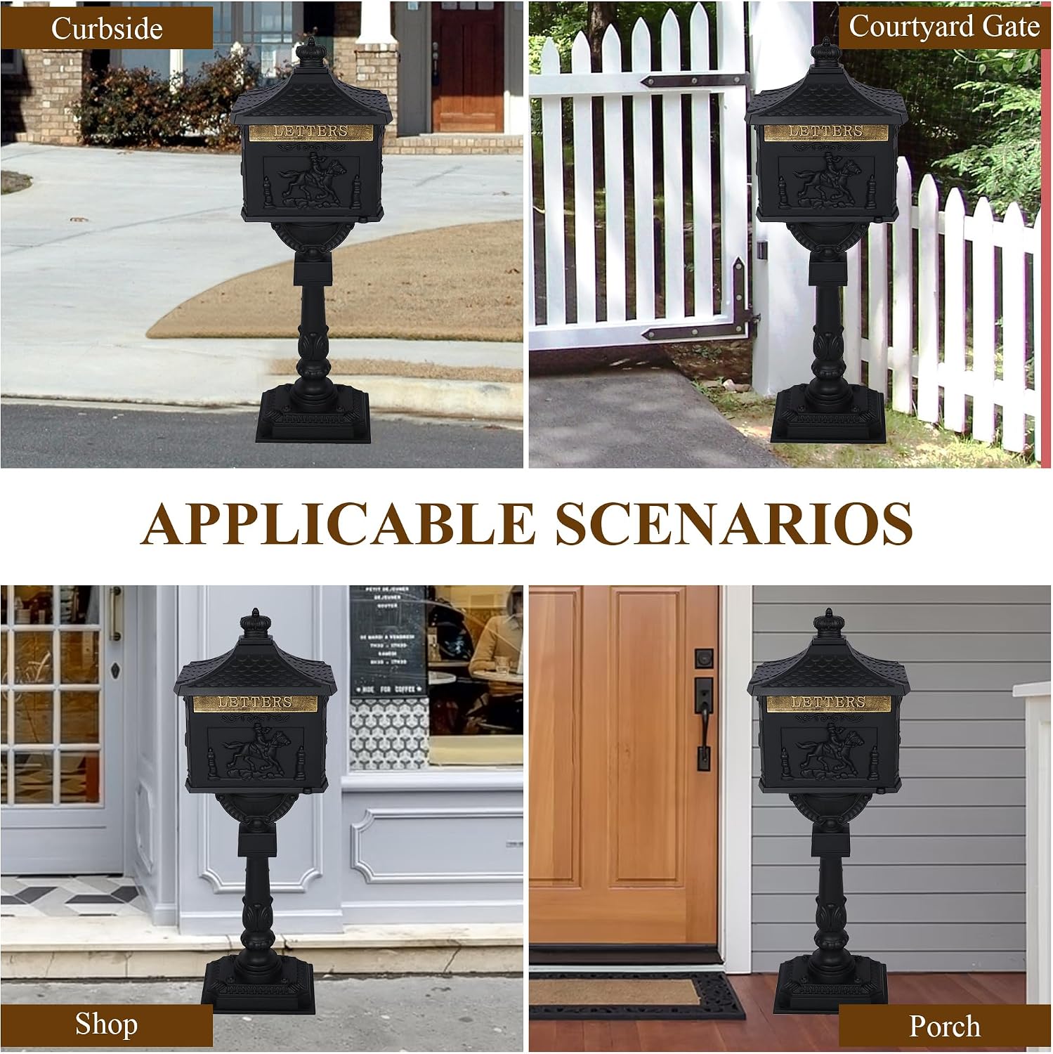 Mailbox, Heavy Duty Cast Aluminum Postal Box, Mail Box with 2 Keys for Courtyard Villa Decoration - Black