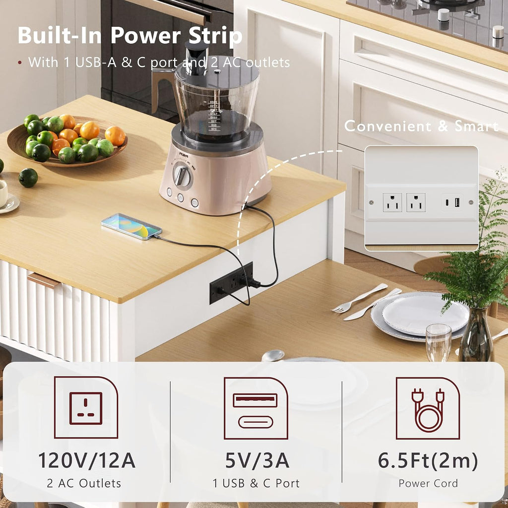 RUNNA 82.6' Fluted Kitchen Island with Extendable Dining Table for 4-6,Island Table for Kitchen with Power Outlet, Kitchen Table with Double-Side Storage, 2 Drawers 2 Side Open Shelves (White#18)