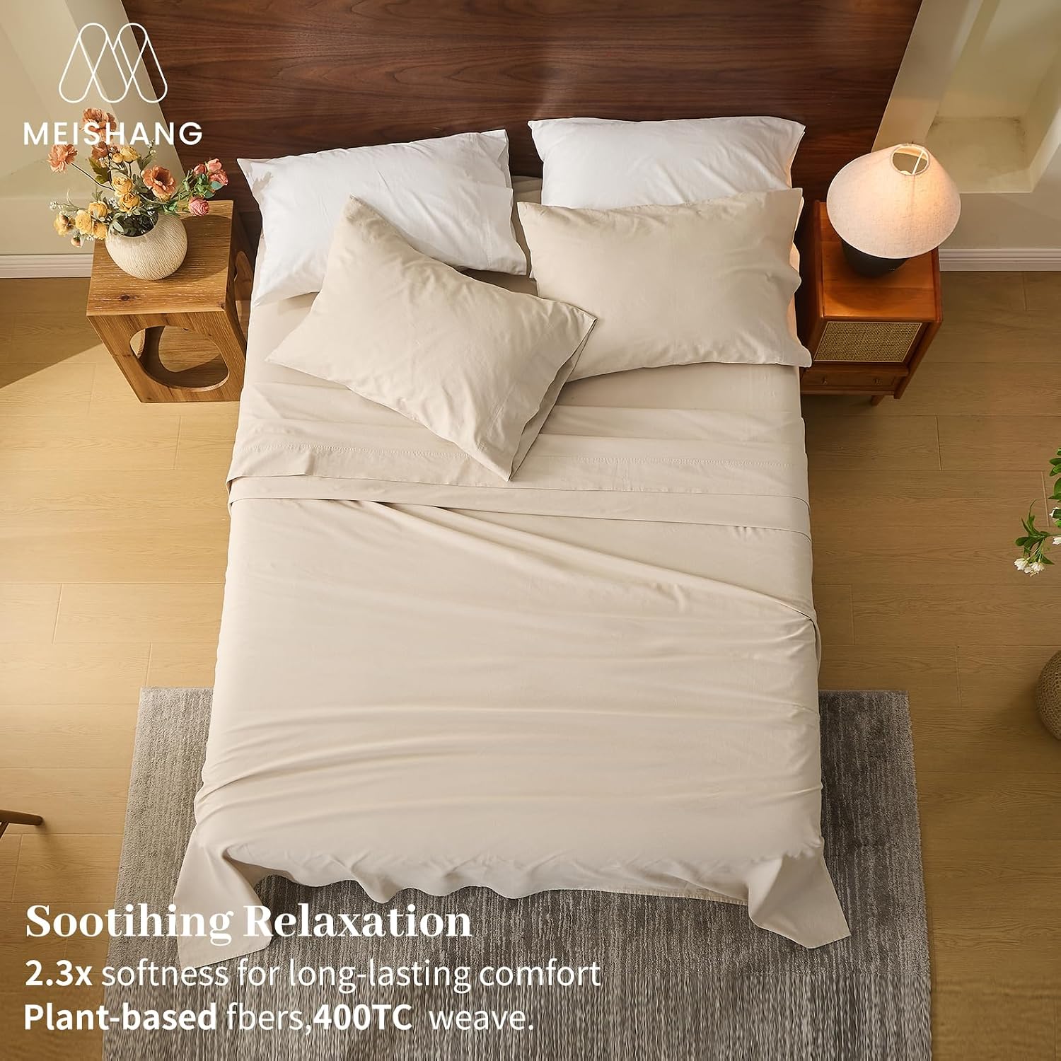 MEISHANG 100% French Pure Linen Sheets Queen Size - 6 PC Extra Deep Pocket Sheet Set, Soft Durable Flax Linen, Anti-Tear Breathable & Oeko-Tex Certified 18-24 Deep Pocket,All Season(Linen)