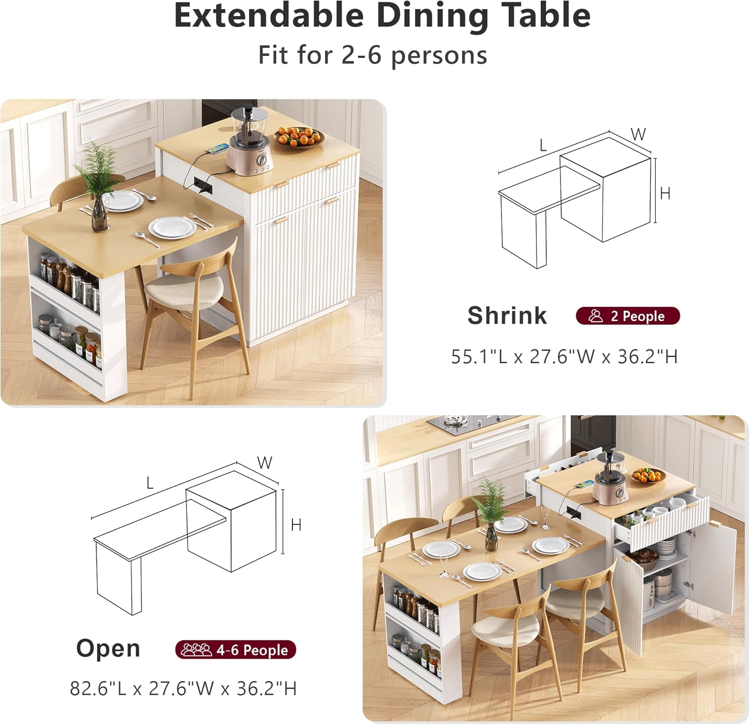 RUNNA 82.6' Fluted Kitchen Island with Extendable Dining Table for 4-6,Island Table for Kitchen with Power Outlet, Kitchen Table with Double-Side Storage, 2 Drawers 2 Side Open Shelves (White#18)