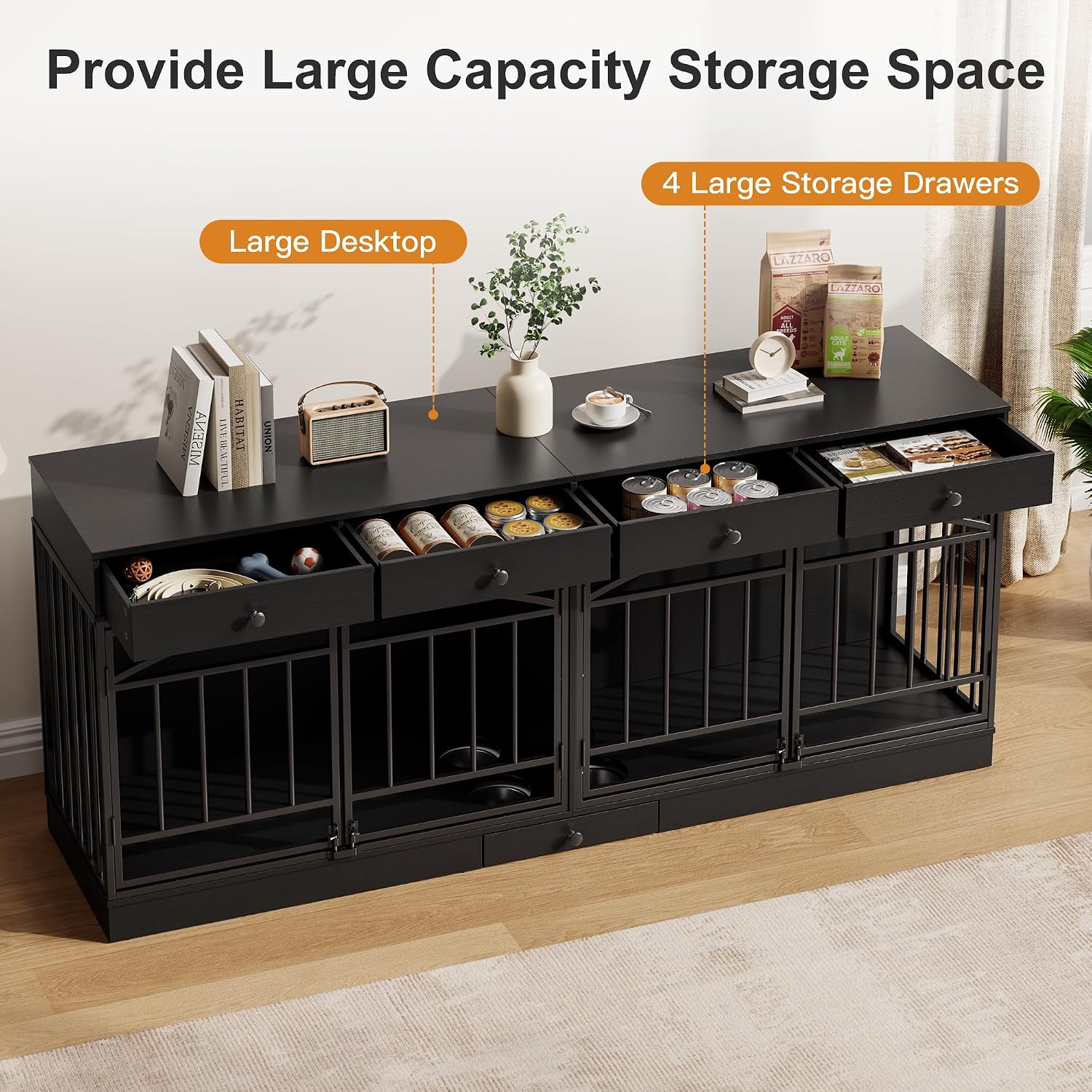 IDEALHOUSE 78.7' Double Dog Crate Furniture with Storage and 4 Doors, Dog Kennel Indoor with Feeding Bowls, Wood Dog Crate TV Stand for Small Medium Dogs, Black