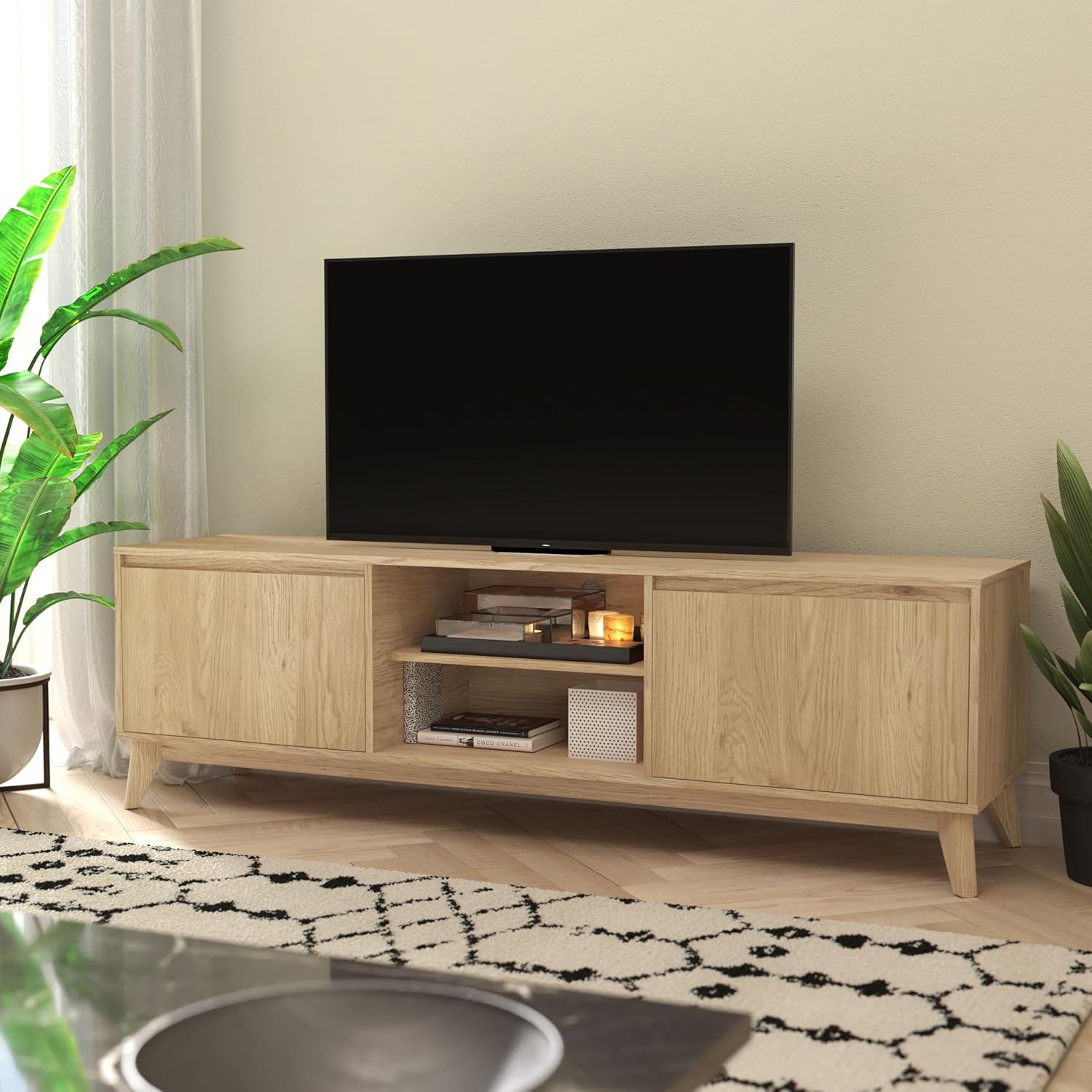 Flash Furniture Hatfield Mid-Century Modern TV Stand for 65+ Inch TV's - Light Natural Laminate Finish - 70' Media Center - Adjustable Center Shelf - Soft Close Doors