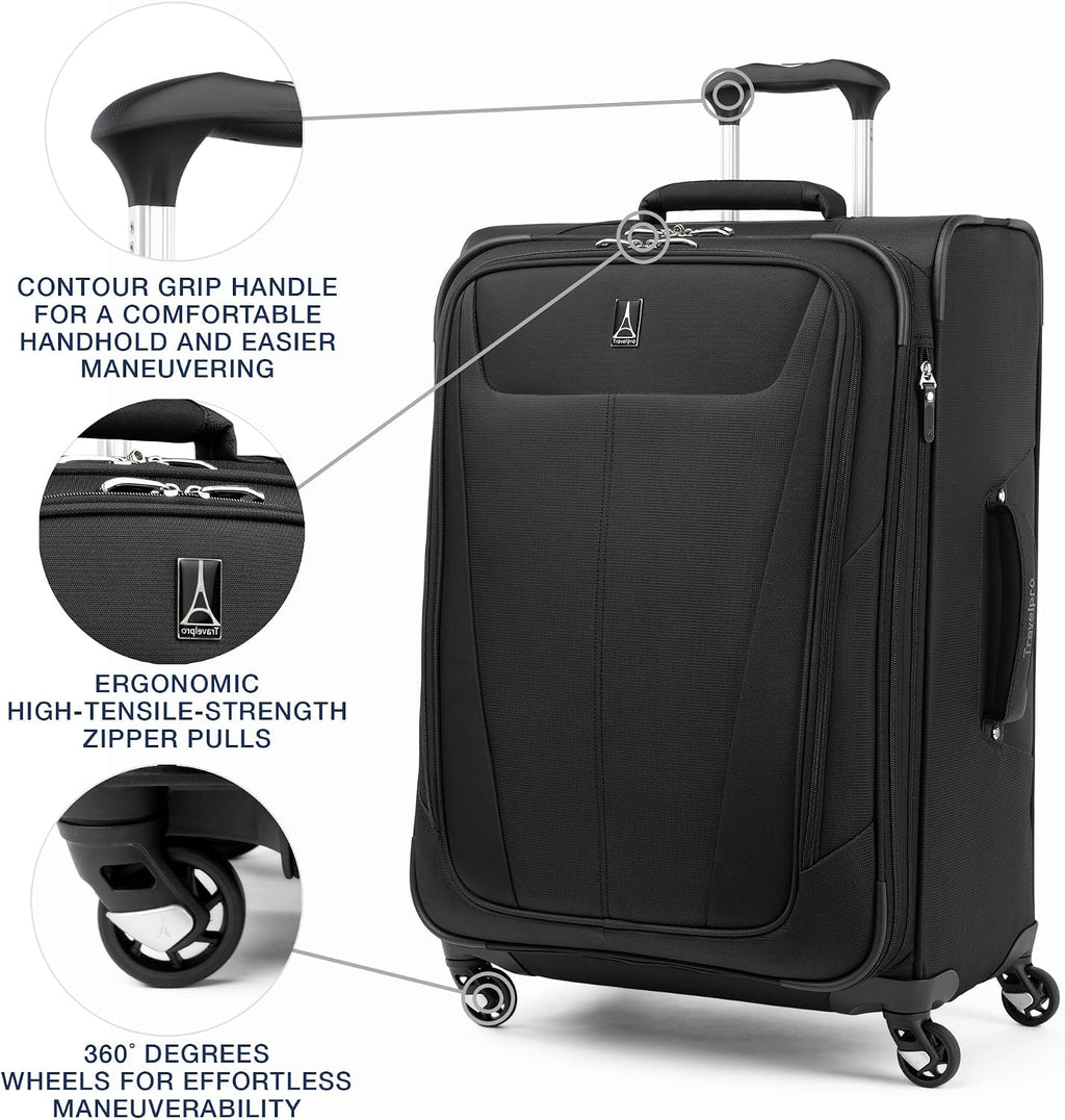 Travelpro Maxlite 5 Softside Expandable Luggage with 4 Spinner Wheels, Lightweight Suitcase, Men and Women, Black, Checked-Medium 25-Inch