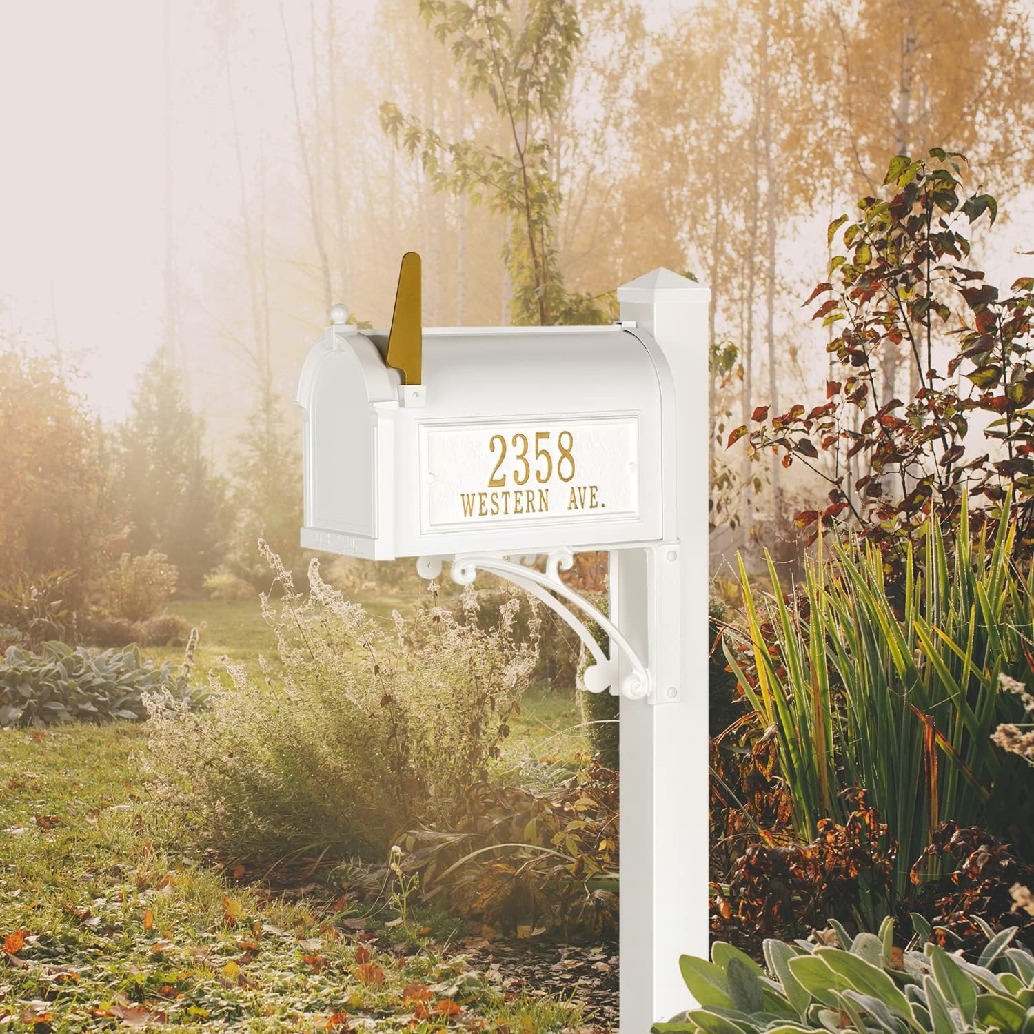 Whitehall Superior Mailbox with Side Address Plaques, Personalized Large Mailbox with Post and Address Plaque for Outside, Package Mailbox with Post White