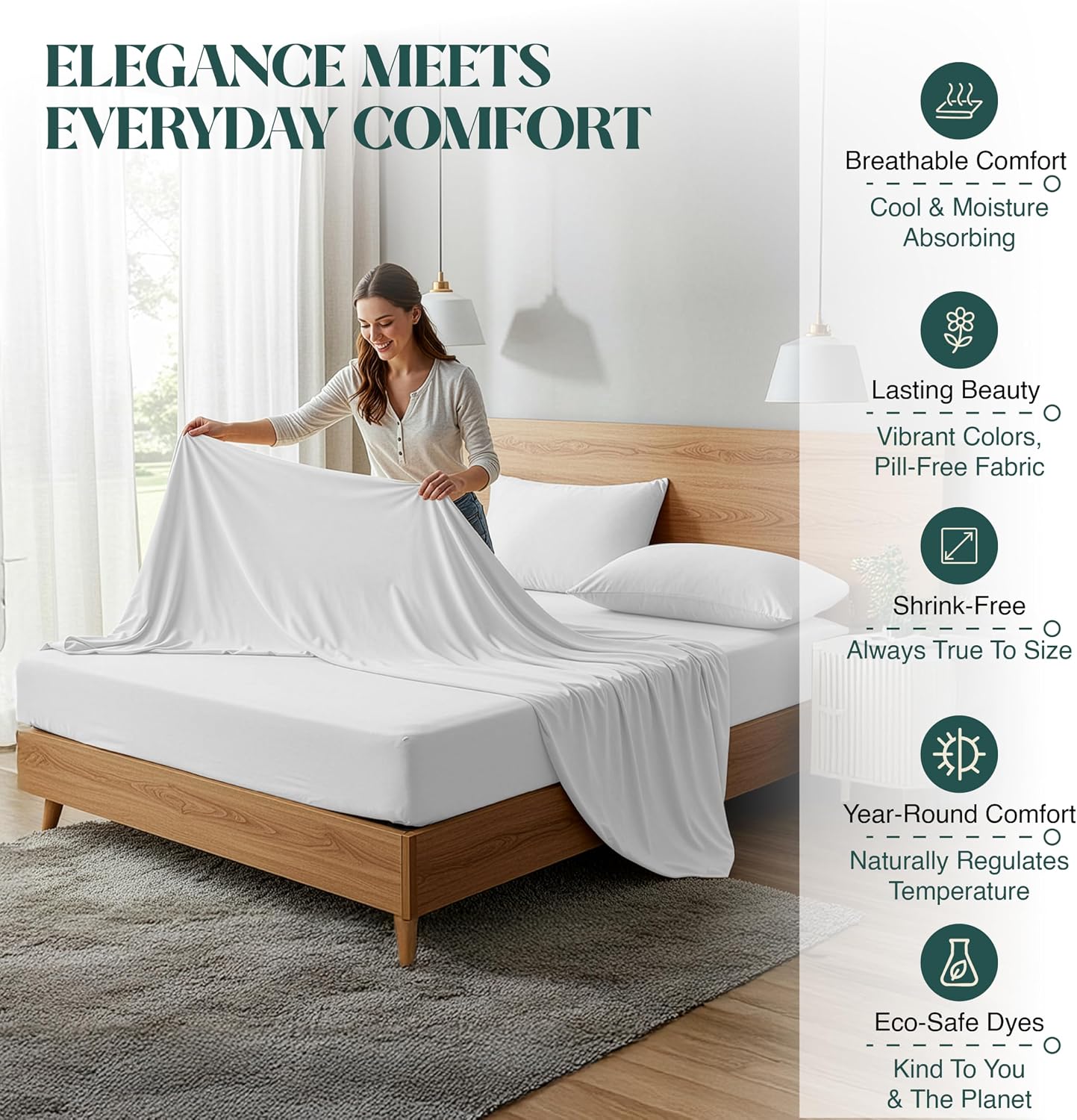 100% Egyptian Cotton Sheet Set King Size 4 PCs Sateen Weave Cooling Soft Wrinkle Resistant 18 inches Deep Pocket | 1 Fitted Sheet, 1 Flat Sheet, 2 Pillowcases | White