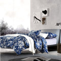 Eastern Floral Chinoiserie Blossom Print Duvet Quilt Cover Navy Blue Tan White Asian Style Botanical Tree Branches Ornamental Drawing 400TC Egyptian Cotton 3pc Bedding Set (Queen)