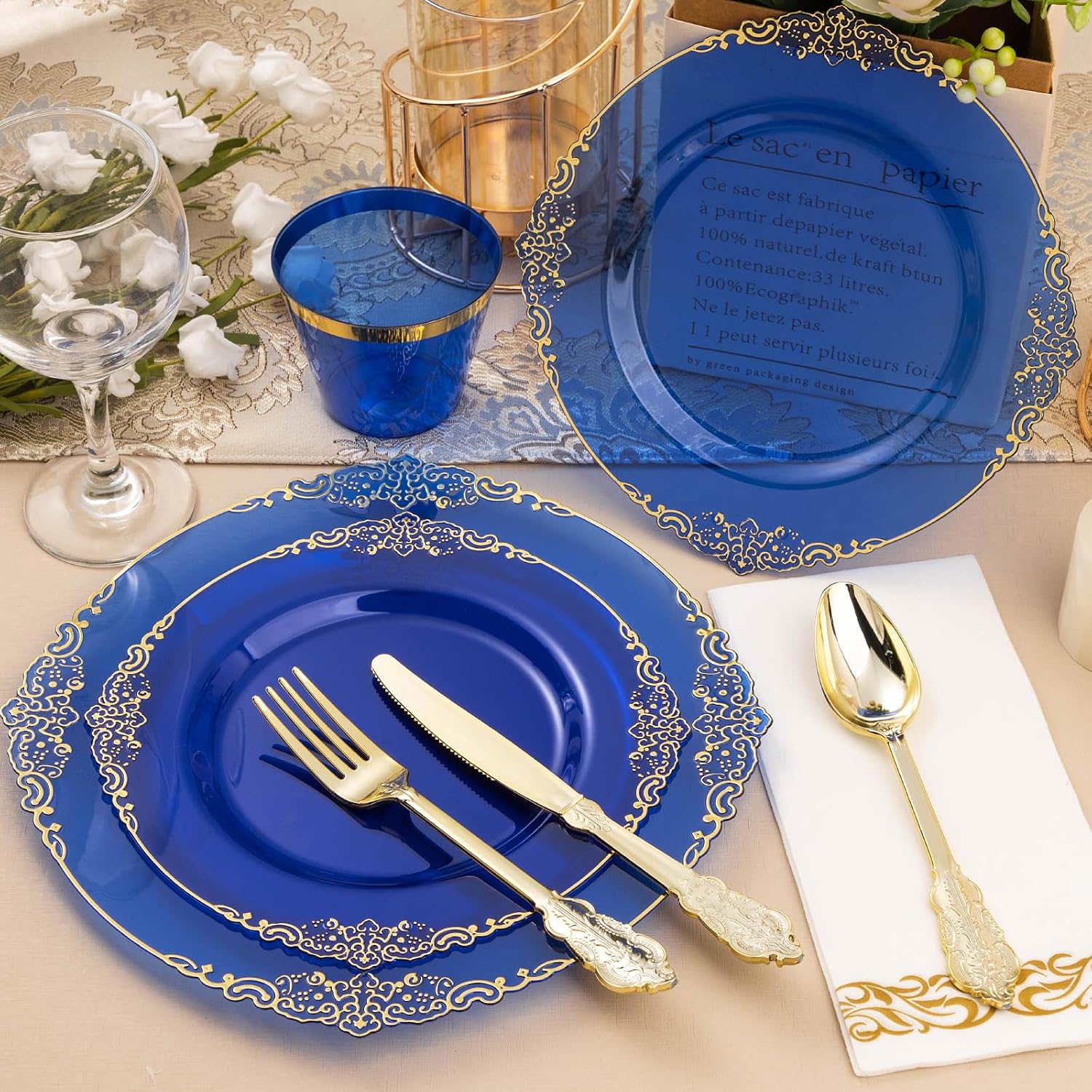 Bestluck 700PCS Clear Blue Plastic Plates for 100 Guests, Disposable Plates with Gold Trim include 100 Dinner plates, 100 Dessert Plates, 100 Gold Silverware, Cups and Napkins for Party, Graduation