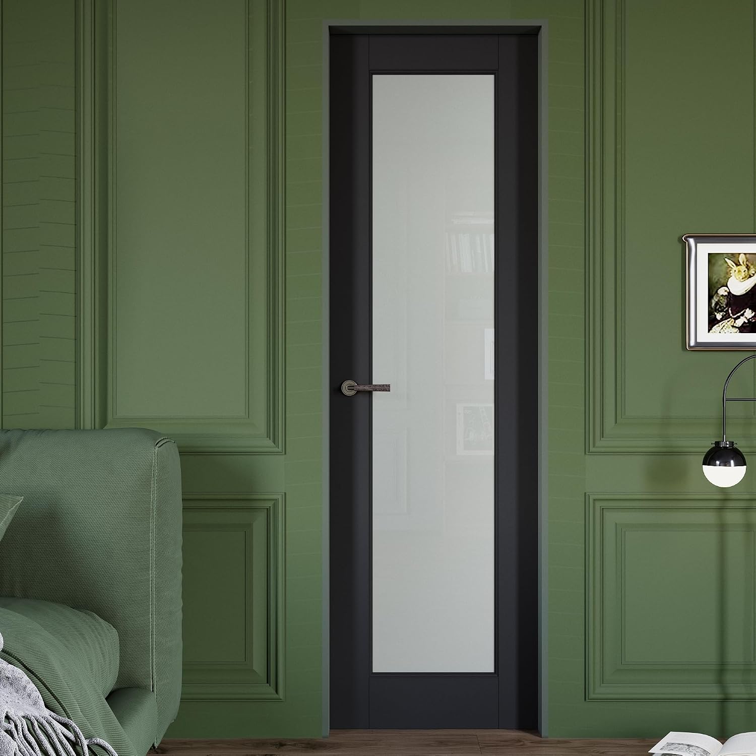 WINSTELLAR 24 x 80 1-Panel Black Prebuilt Interior Frosted Glass Door Slab, Interior Doors for Home, Bedroom, Pantry, Laundry Room as Prehung, Pocket, French, Barn Doors, White Door Panel