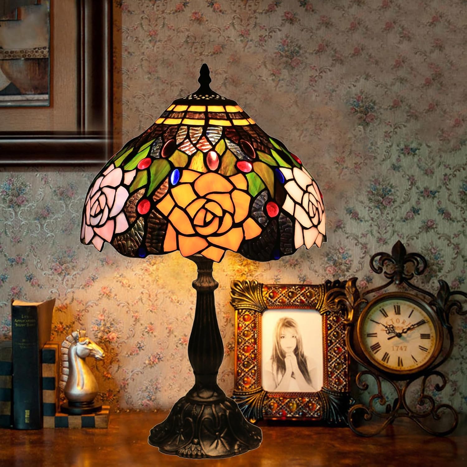 Tiffany Style Table Lamp, 12 Inch Stained Glass Lamp, Antique Table Lamp, Bedside Lamp, for Nightstand Bedroom Living Room Home Office, Rose Flower Pattern, Include LED Bulb