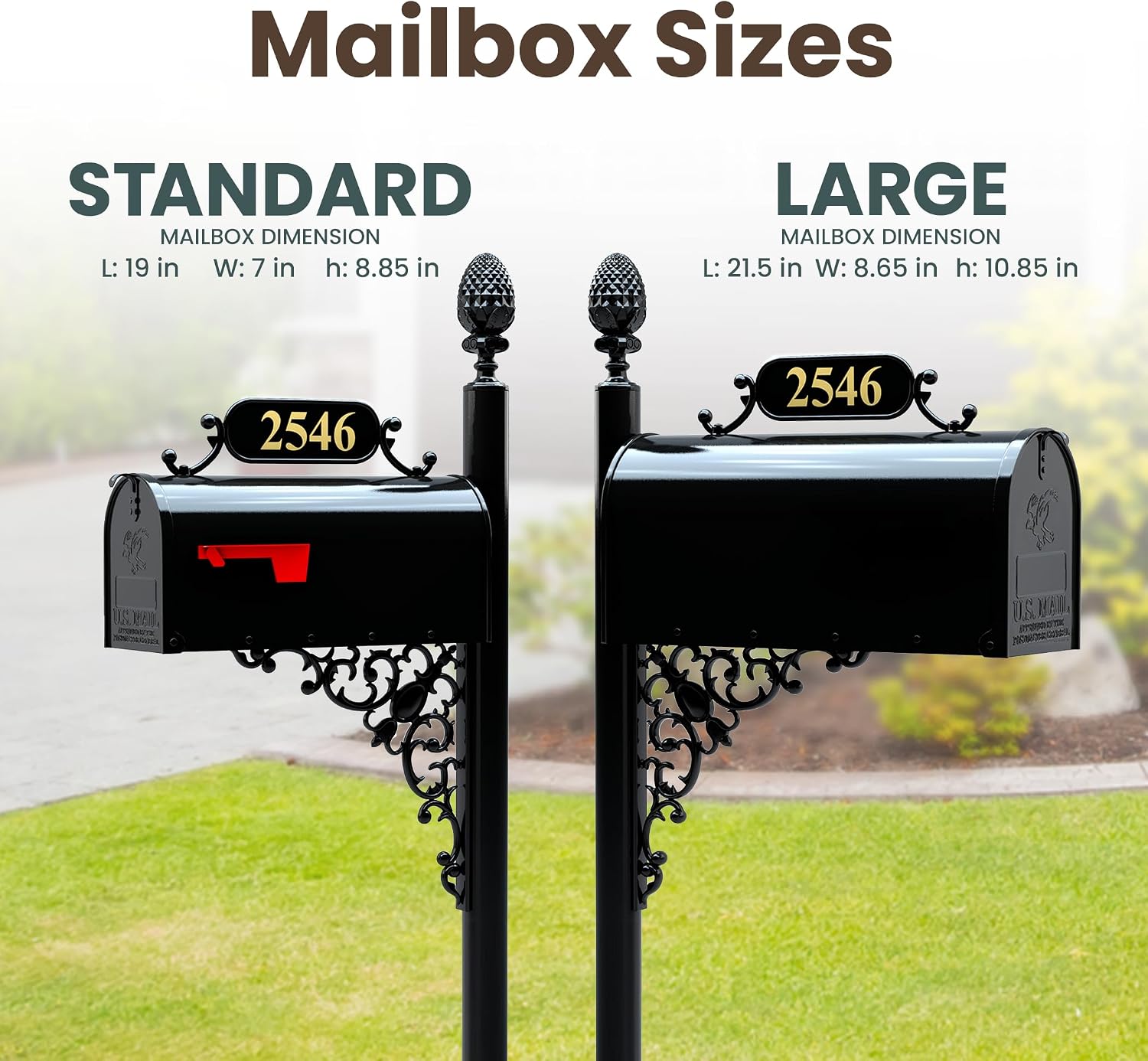 Oak Large Mailbox & Post Kit – Black System Includes Address Plaque, Numbers & Mounting Hardware – Rust Resistant Metal Box with Decorative Finial