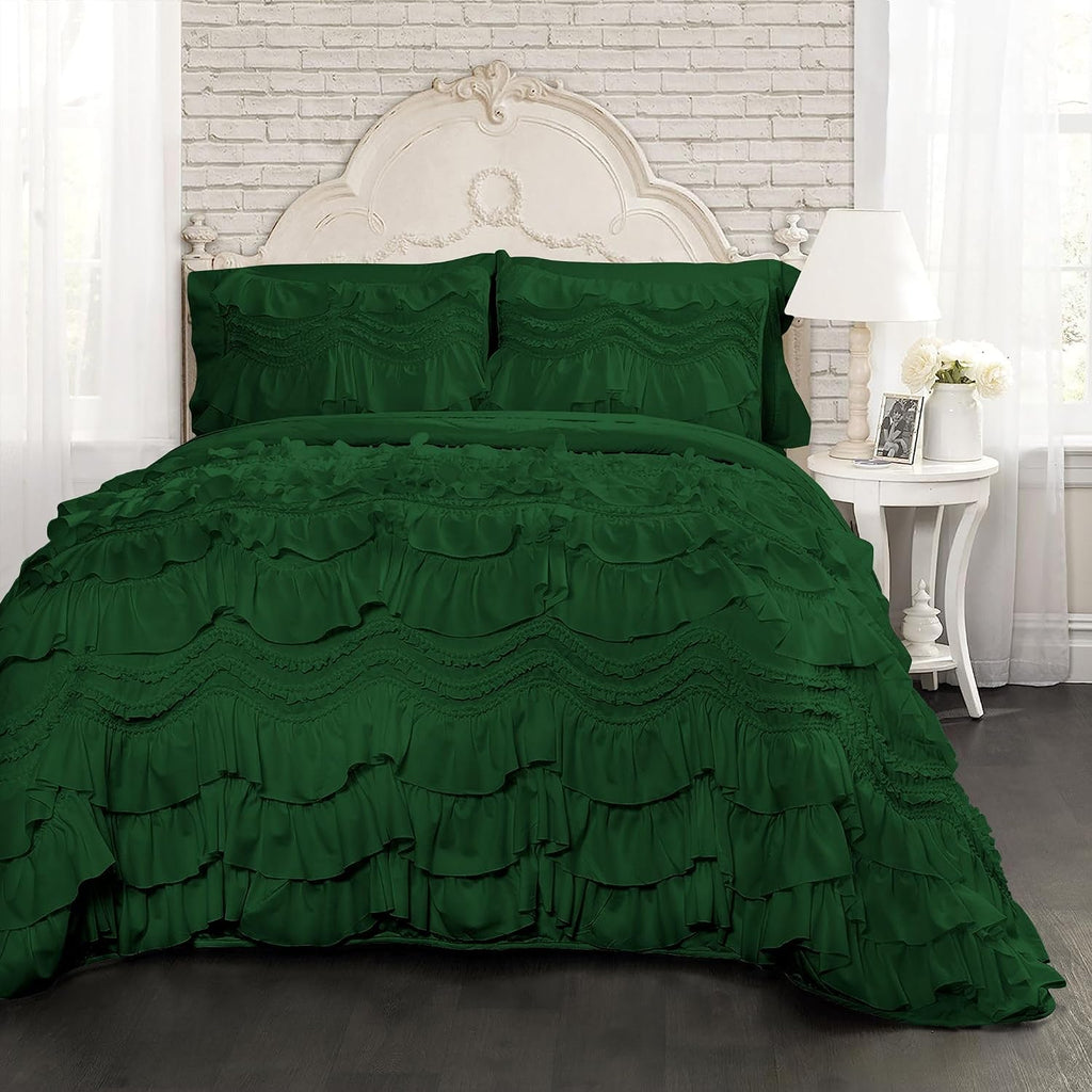 100% Egyptian Cotton, 550 GSM Microfiber Filled Quilt Ruffled Textured 3 Piece Full/Queen Size Comforter Set, Green