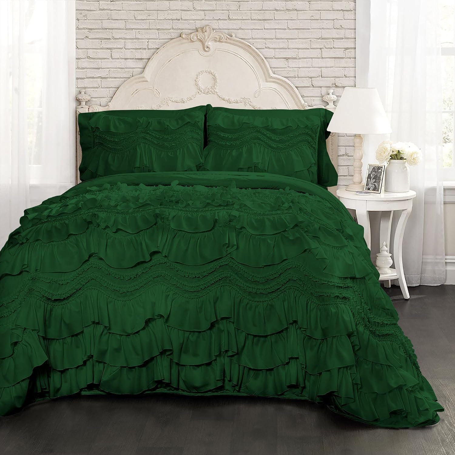 100% Egyptian Cotton, 550 GSM Microfiber Filled Quilt Ruffled Textured 3 Piece Full/Queen Size Comforter Set, Green