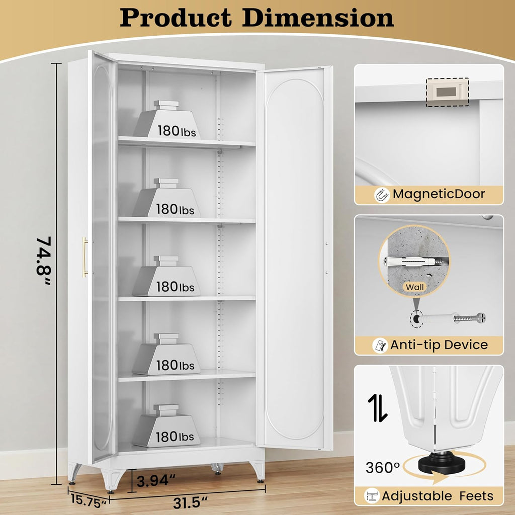 75' Tall Metal Storage Cabinet with 2 Doors and 4 Adjustable Shelves, 32'W x 16'D Heavy Duty Steel Pantry Cabinet for Kitchen, Garage, Home Office and Laundry Room, Cold-Rolled Steel, White