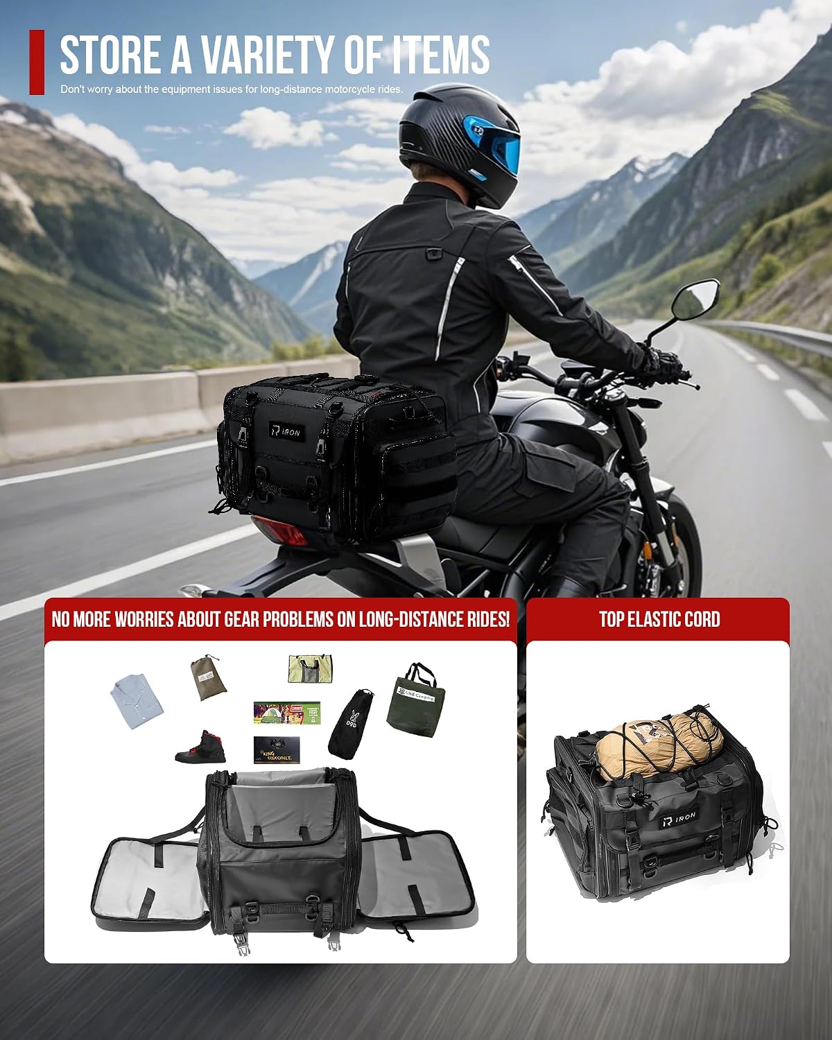 RIDEIRON Motorcycle Tail Bag, Expandable Motorcycle Travel Luggage Bags 40L-60L, Waterproof Rear Rack Trunk with Rain Cover and Sissy Bar Straps