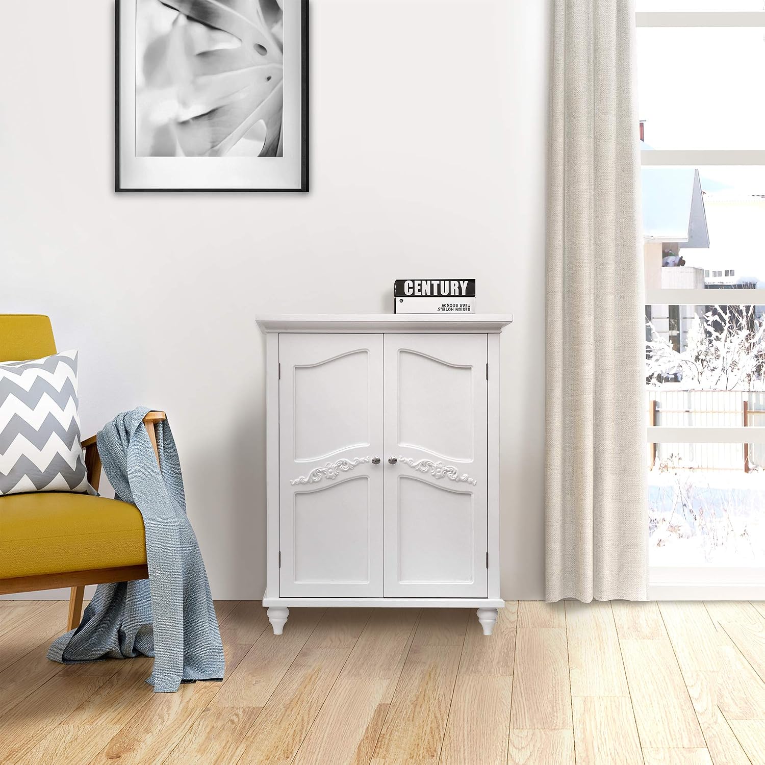 Teamson Home Versailles Wooden Freestanding Floor Storage Cabinet with 2 Adjustable Interior Shelves 3 Storage Spaces and 2 Floral Scroll Doors, White