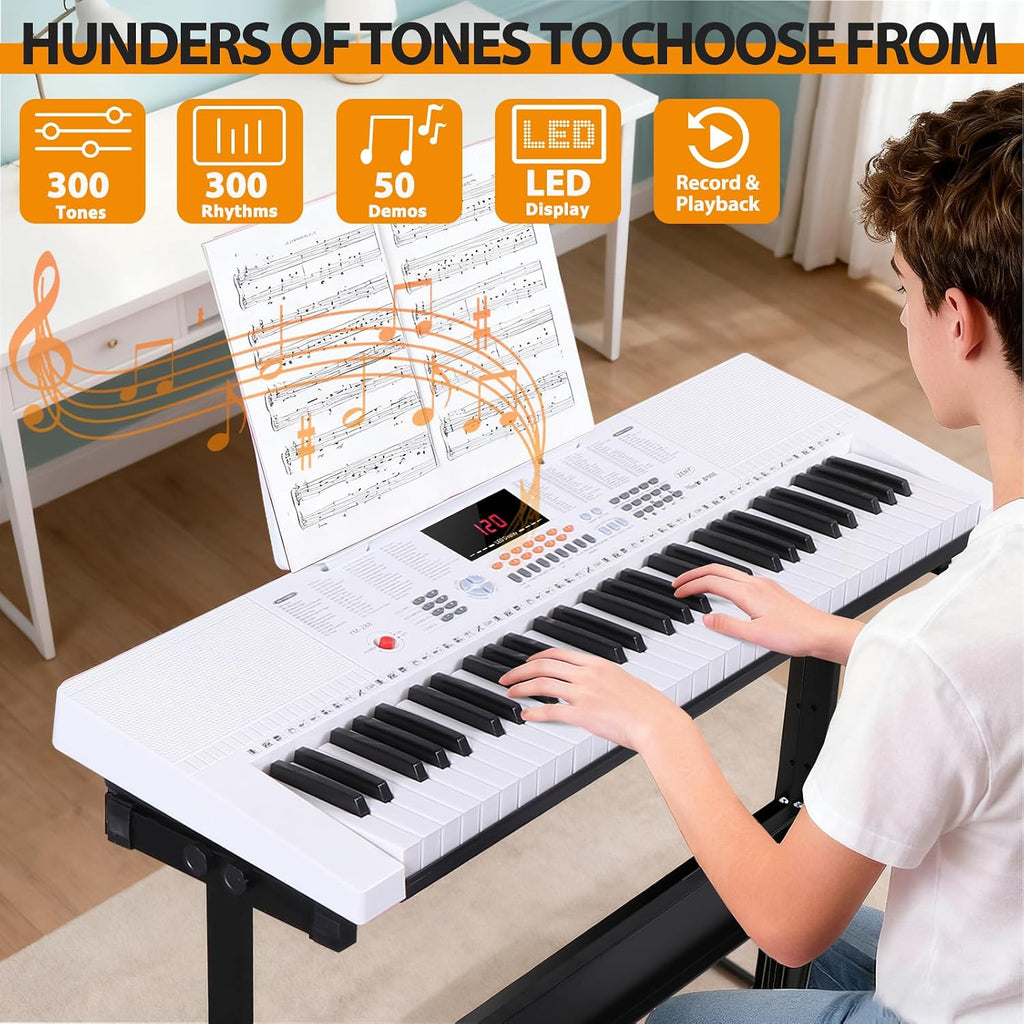 ZENY 61-Key Portable Electric Keyboard Piano with Built In Speakers, LED Screen, Headphones, Microphone, Piano Stand, Music Sheet Stand and Stool (White)
