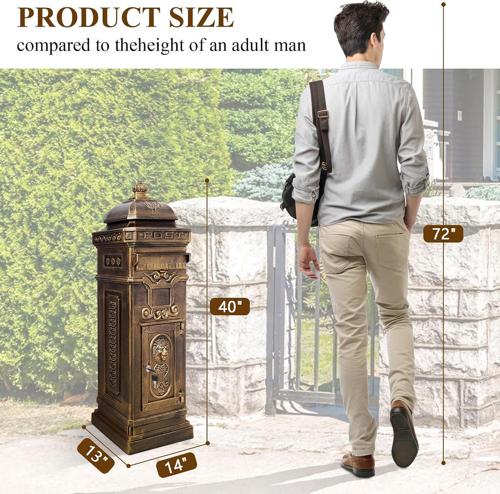 Vintage Large-Capacity Cast Aluminum Mailbox, Outdoor Weatherproof Floor Standing Postbox, Decorative Copper Finish Letter Box with Lock, Roman Column Design for Home Use (Copper)