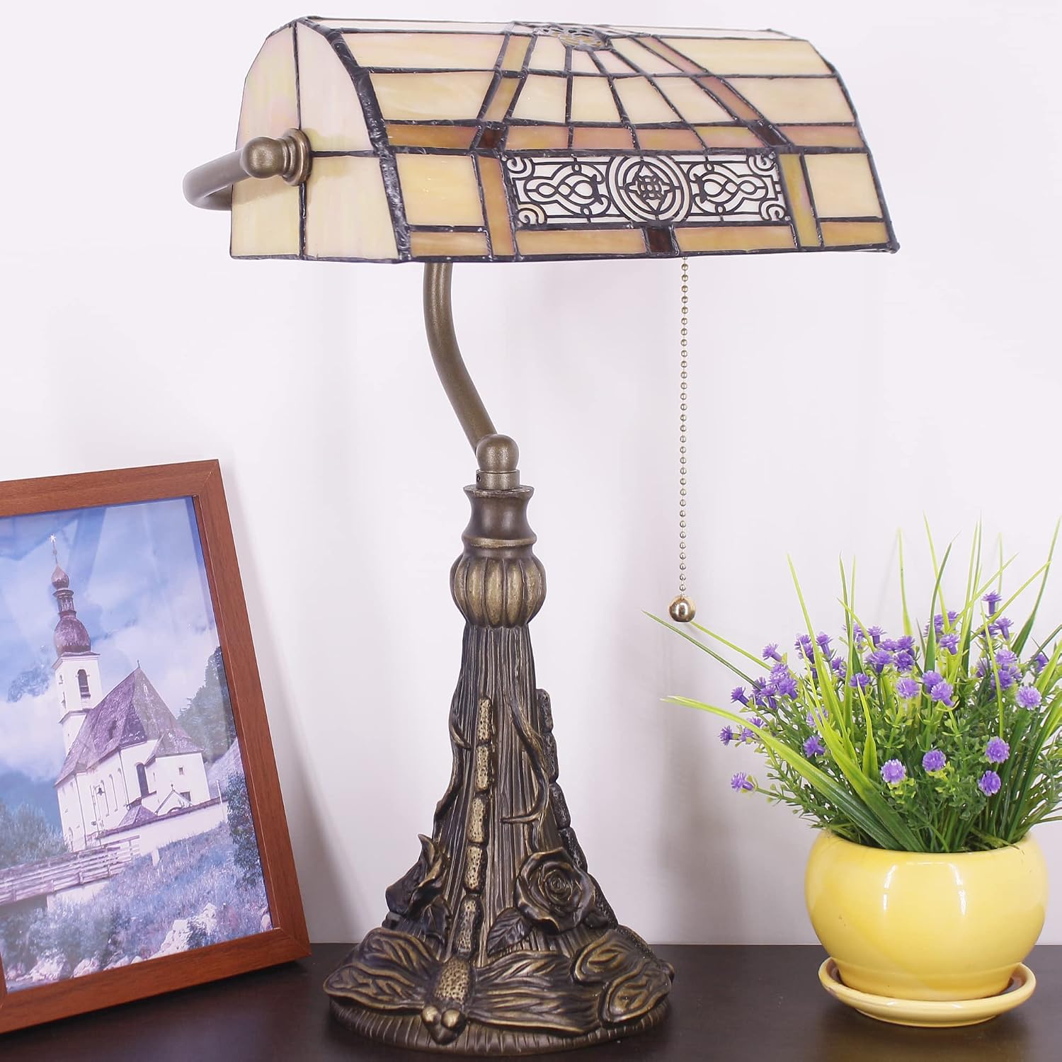 Tiffany Banker Lamp Small Stained Glass Table Lamp Tiffany Style Piano Light Yellow Mission Style Desk Lamp Angle Adjustable 10.6X15.7 Inch for Home Office Living Room Bedroom