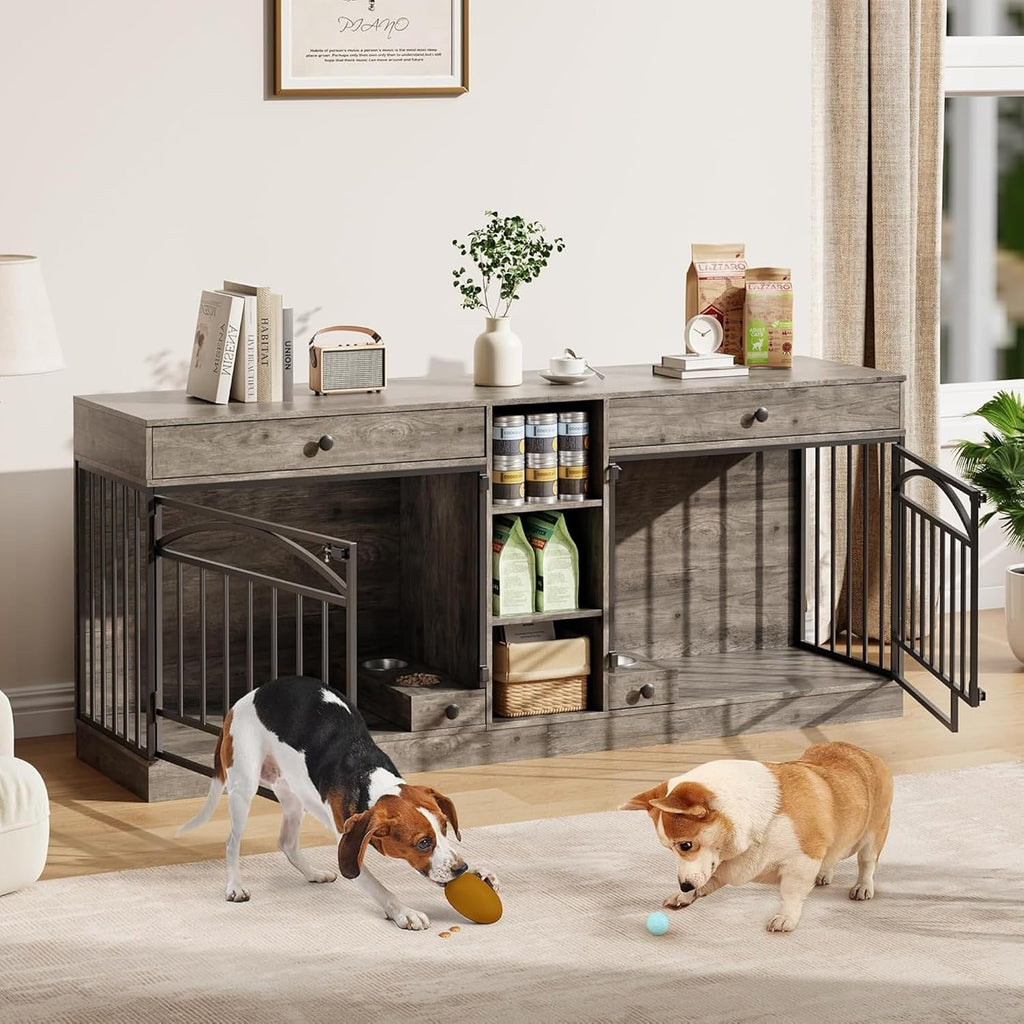GAOMON Dog Crate Furniture for 2 Dogs, 78.7'' Large Dog Kennel Indoor with 2 Storage Drawers, 3 Shelves and Feeding Bowls, Double Dog Crate TV Stand for Small and Medium Dogs, Gray