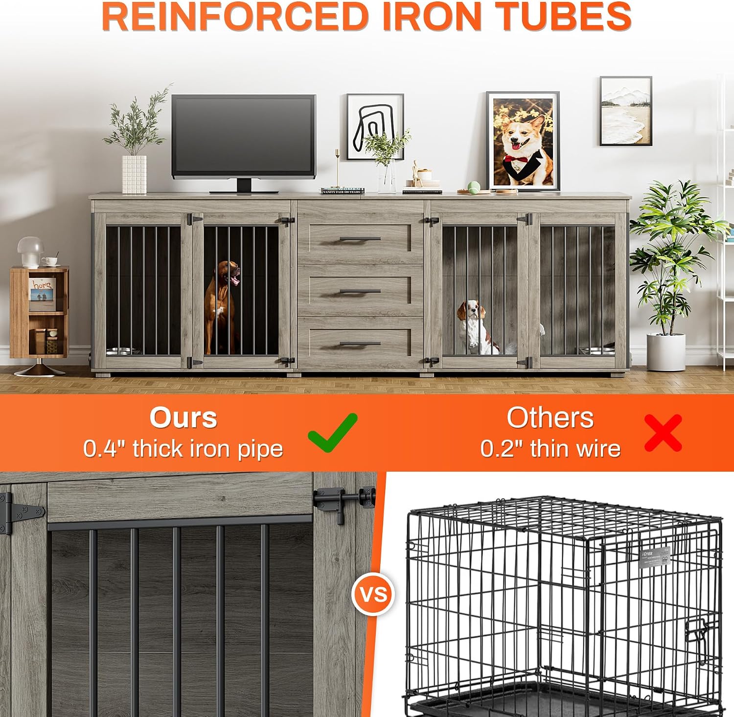 Rophefx 94.5' Dog Crate Furniture for 2 Dogs, Large Dog Kennel Furniture with 3 Storage Drawer, Wooden Dog Cage with 4 Bowls, Indoor Dog House TV Stand with Locks for Large Medium Dog, Grey